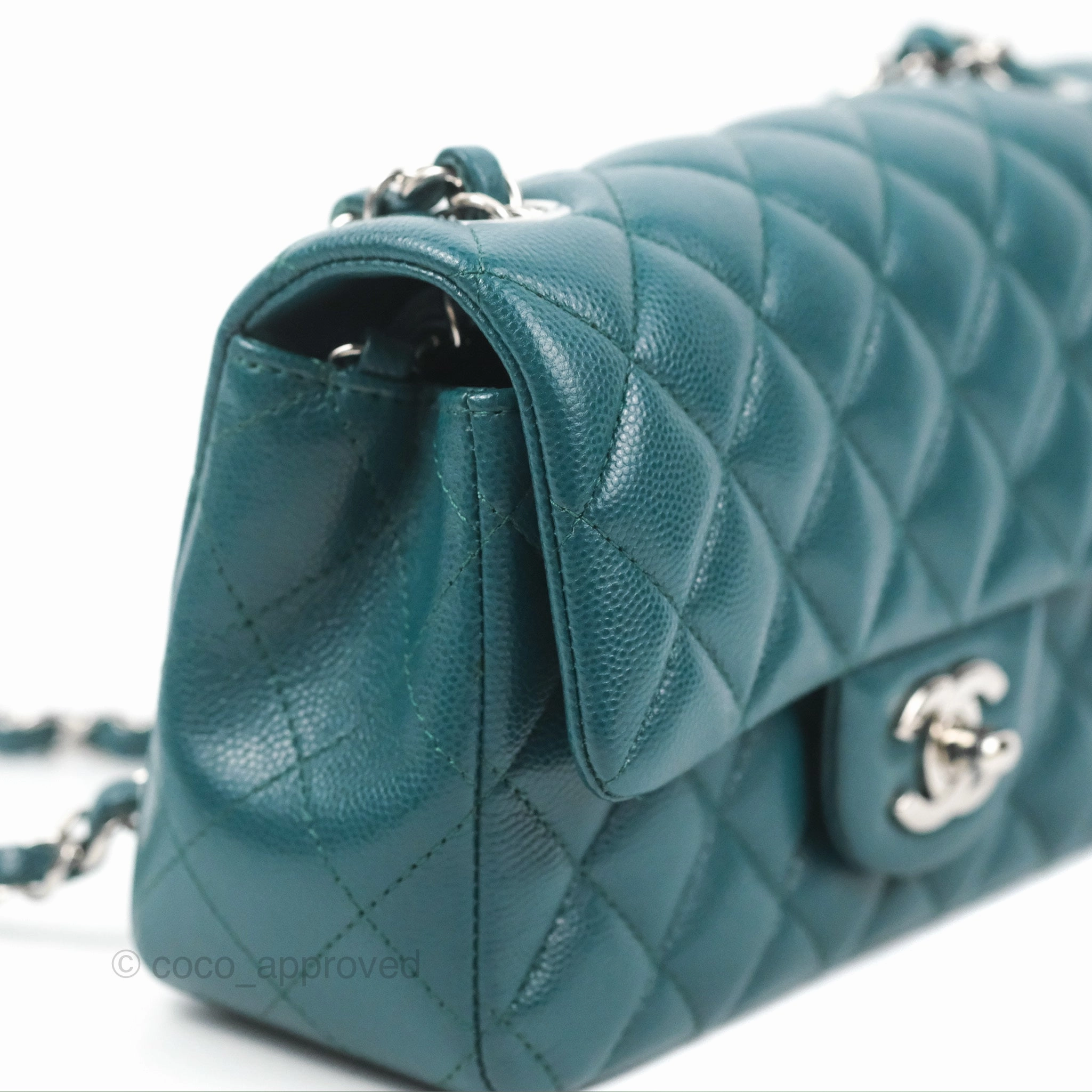 Chanel Quilted Mini Rectangular Flap Teal Green Caviar Silver Hardware