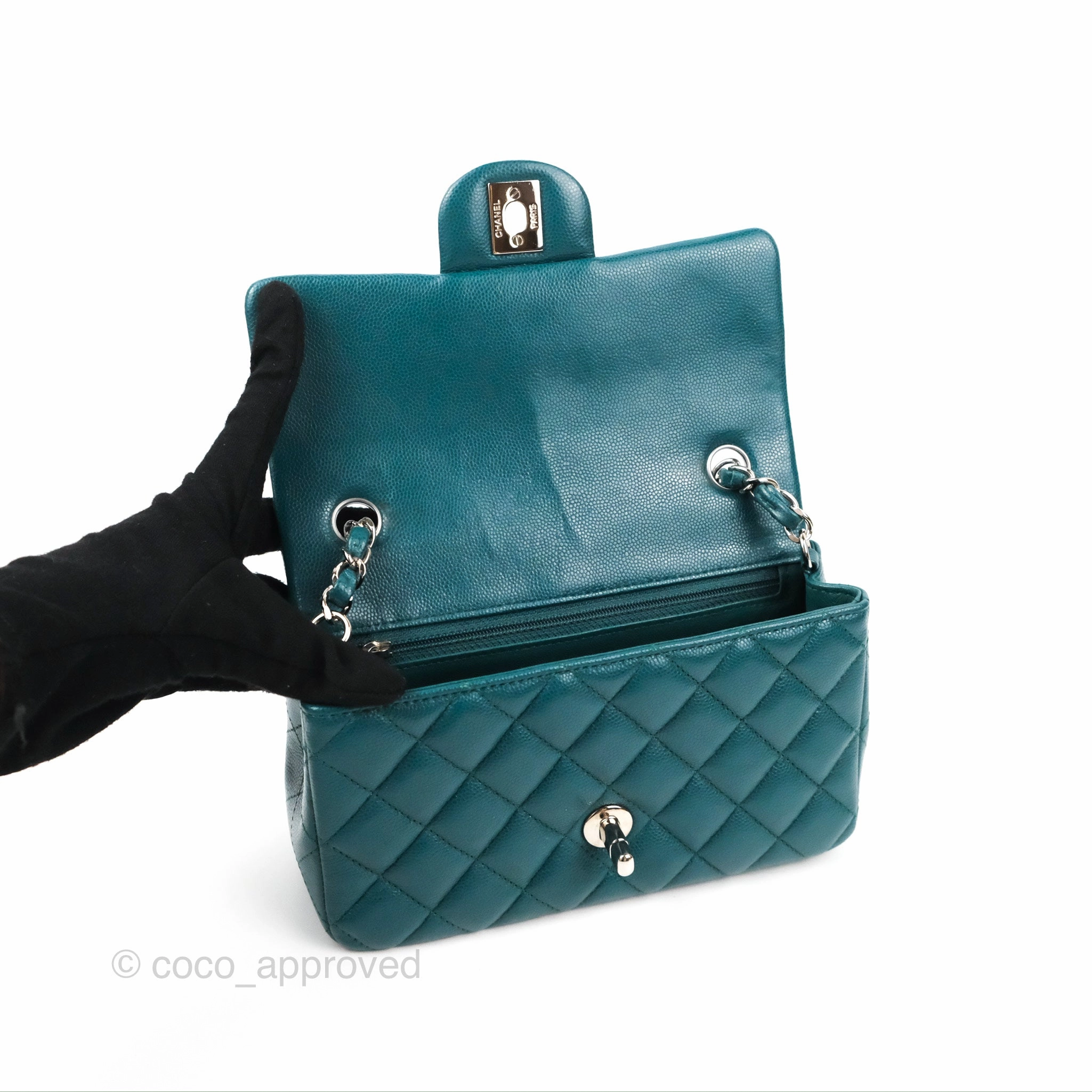 Chanel Quilted Mini Rectangular Flap Teal Green Caviar Silver Hardware