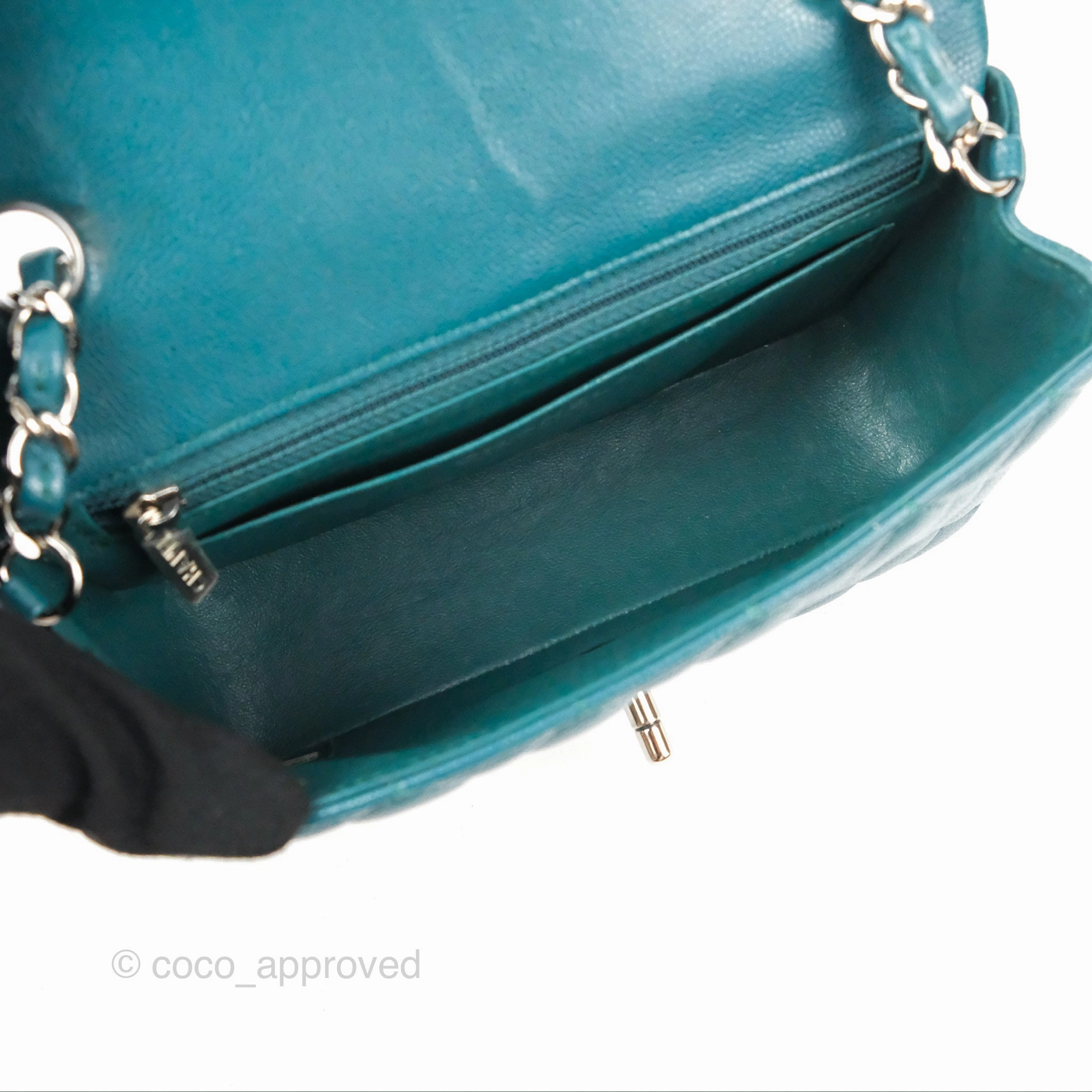 Chanel Quilted Mini Rectangular Flap Teal Green Caviar Silver Hardware