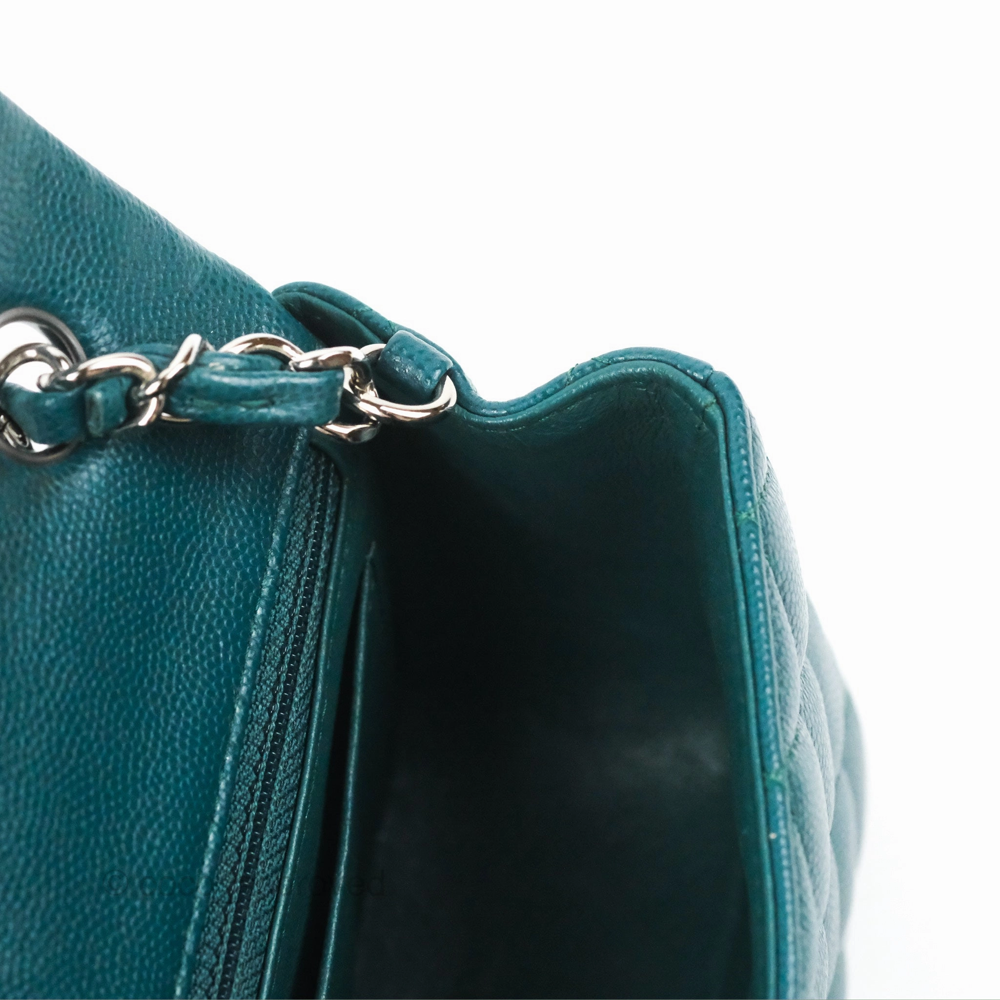 Chanel Quilted Mini Rectangular Flap Teal Green Caviar Silver Hardware
