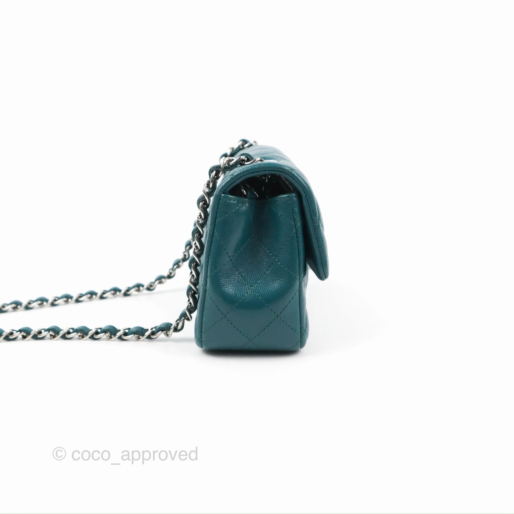 Chanel Quilted Mini Rectangular Flap Teal Green Caviar Silver Hardware
