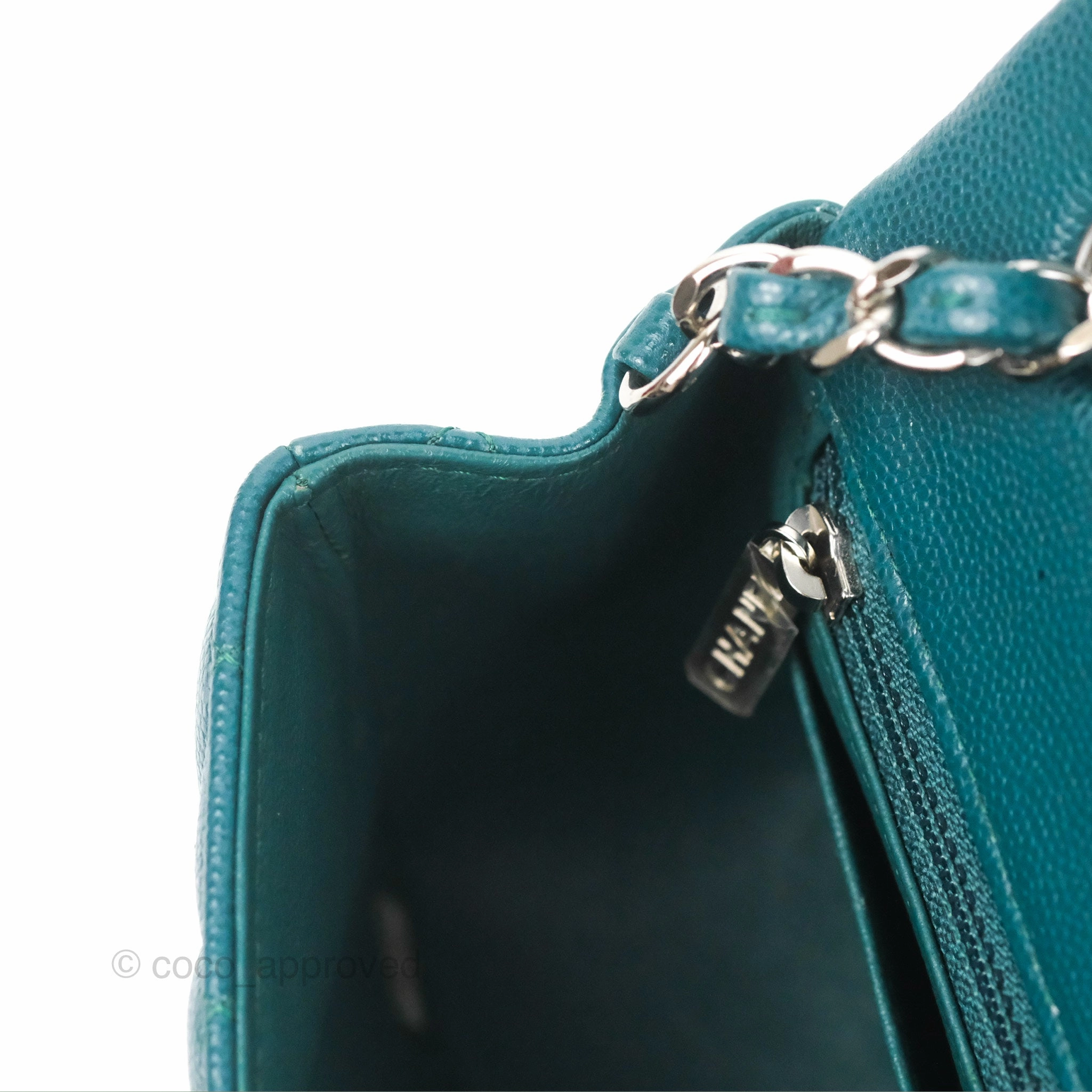 Chanel Quilted Mini Rectangular Flap Teal Green Caviar Silver Hardware