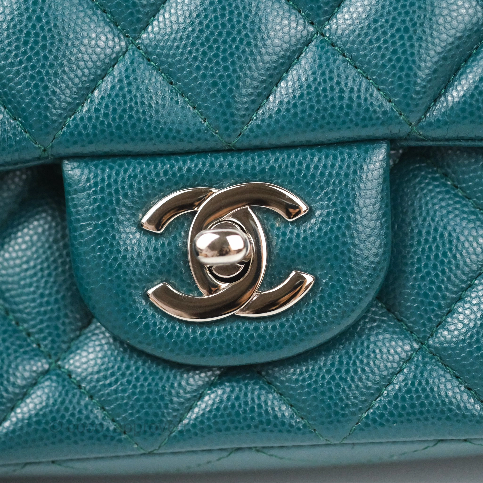 Chanel Quilted Mini Rectangular Flap Teal Green Caviar Silver Hardware