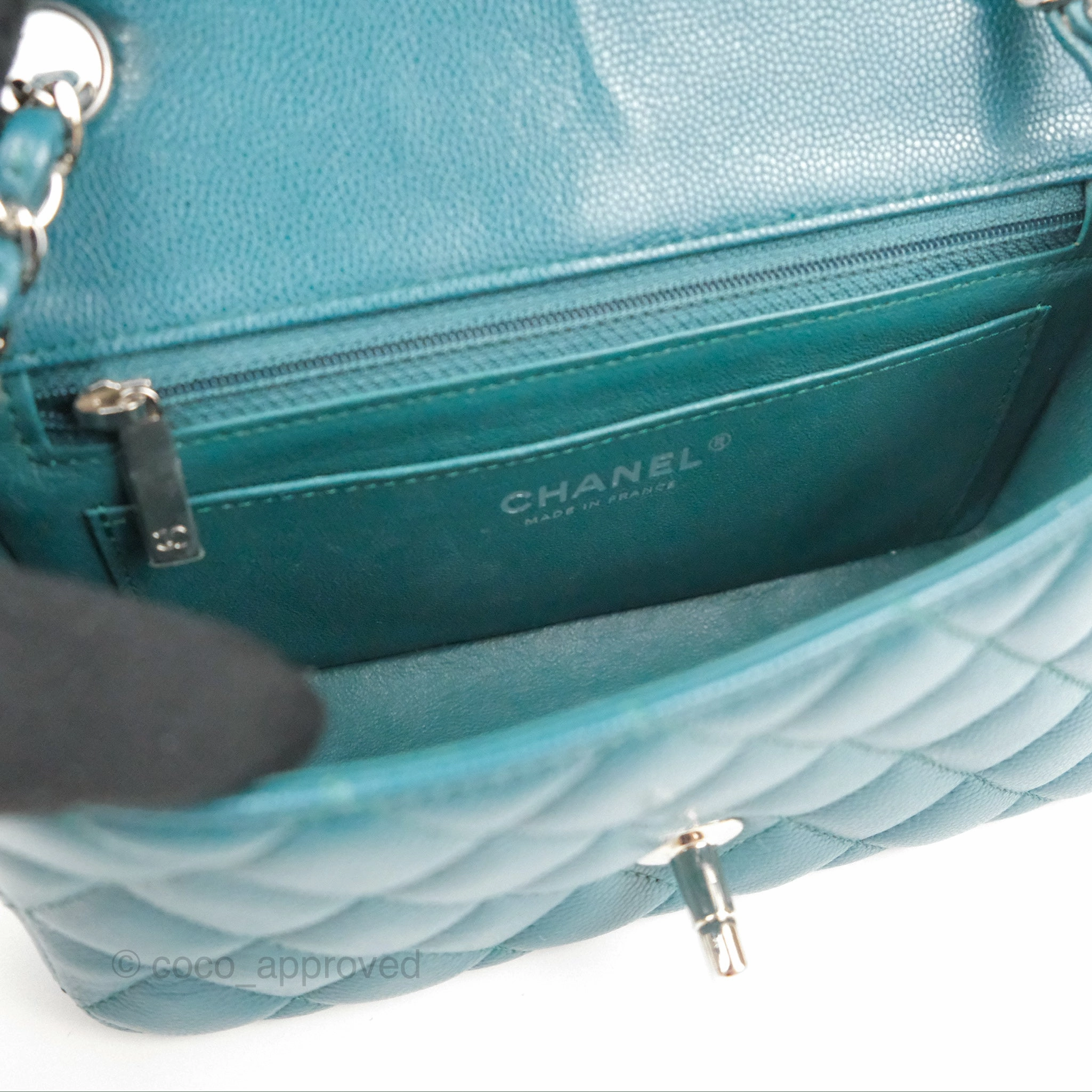 Chanel Quilted Mini Rectangular Flap Teal Green Caviar Silver Hardware
