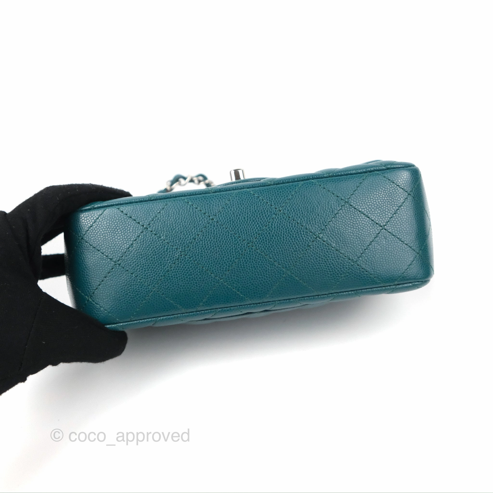 Chanel Quilted Mini Rectangular Flap Teal Green Caviar Silver Hardware