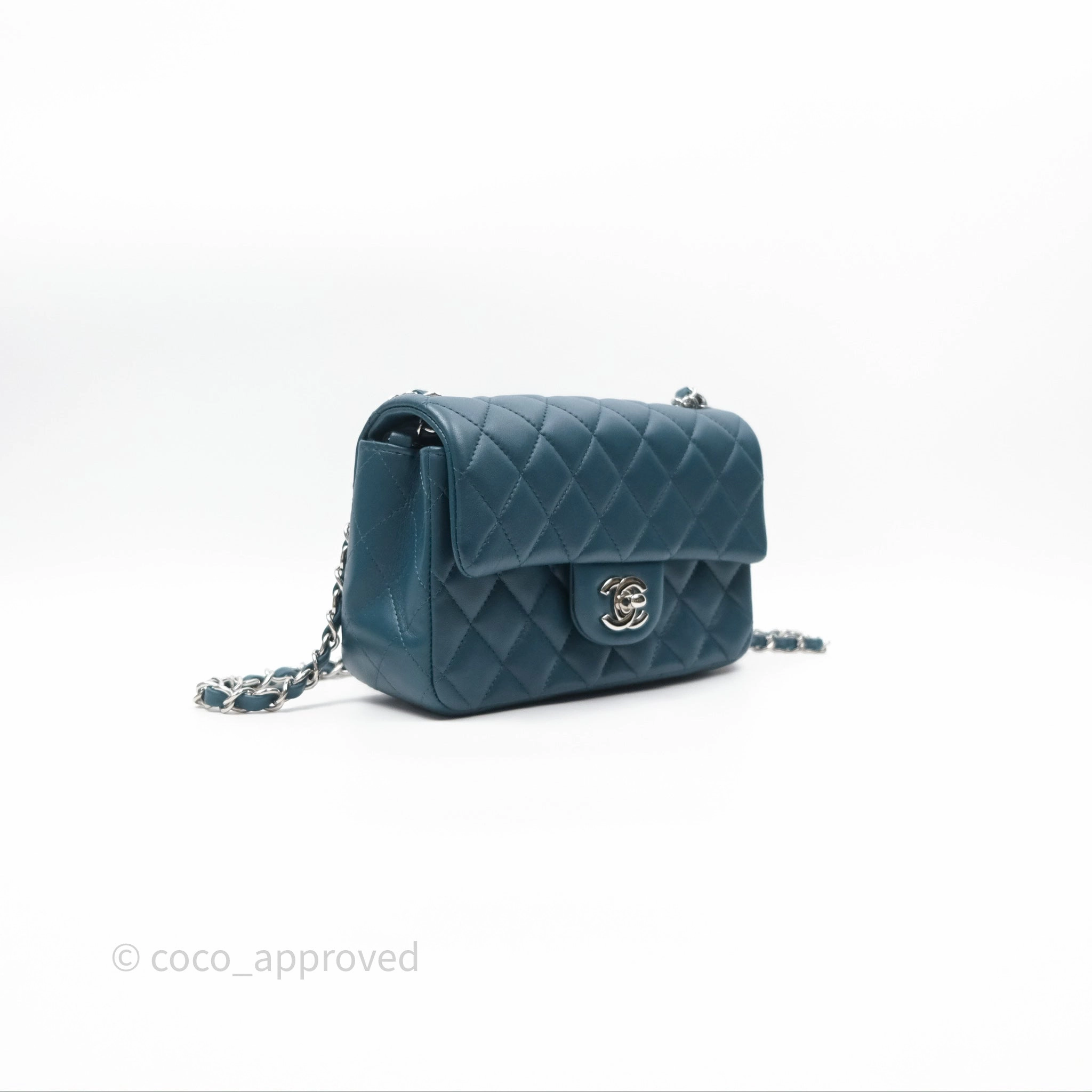 Chanel Quilted Mini Rectangular Flap Teal Green Lambskin Silver Hardware