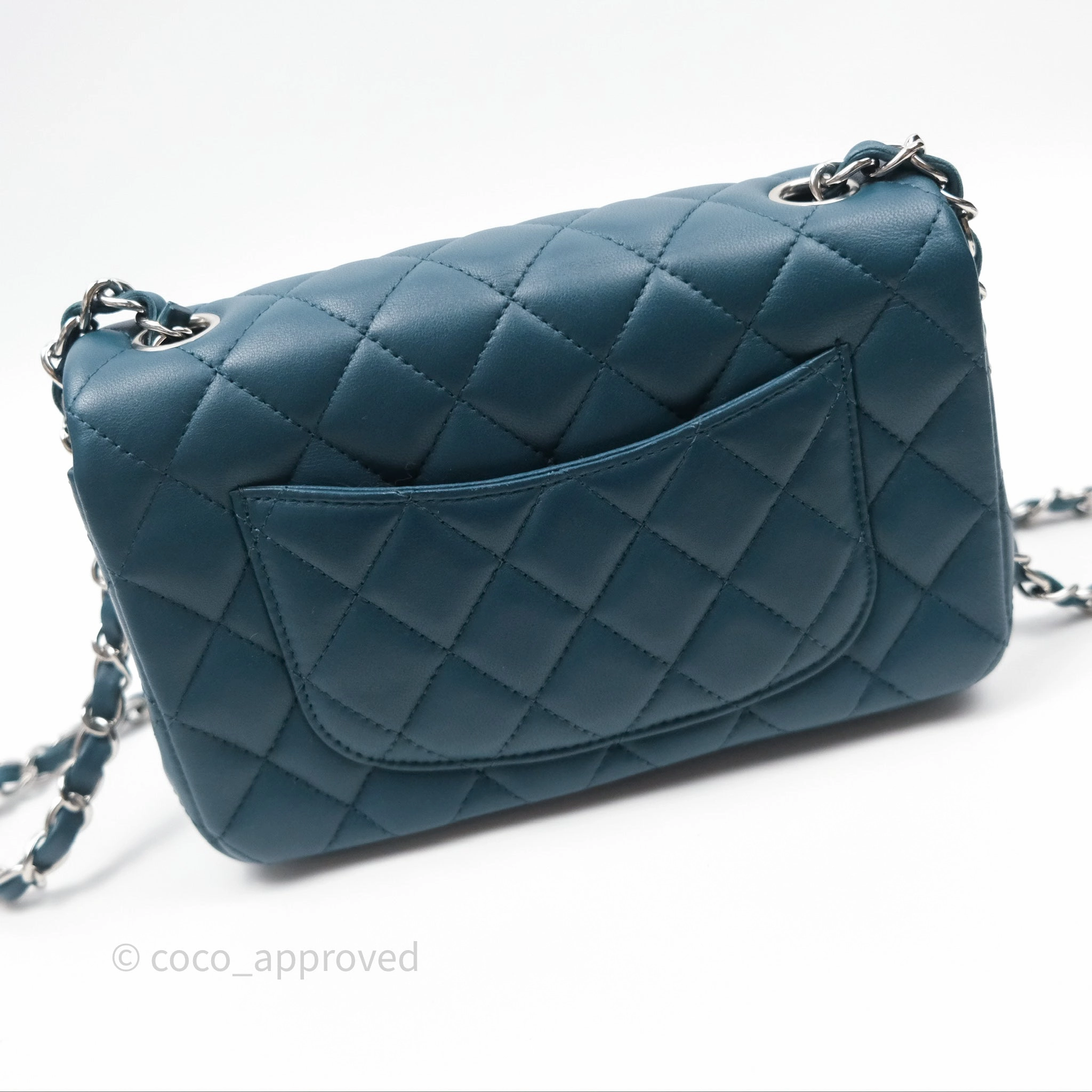 Chanel Quilted Mini Rectangular Flap Teal Green Lambskin Silver Hardware