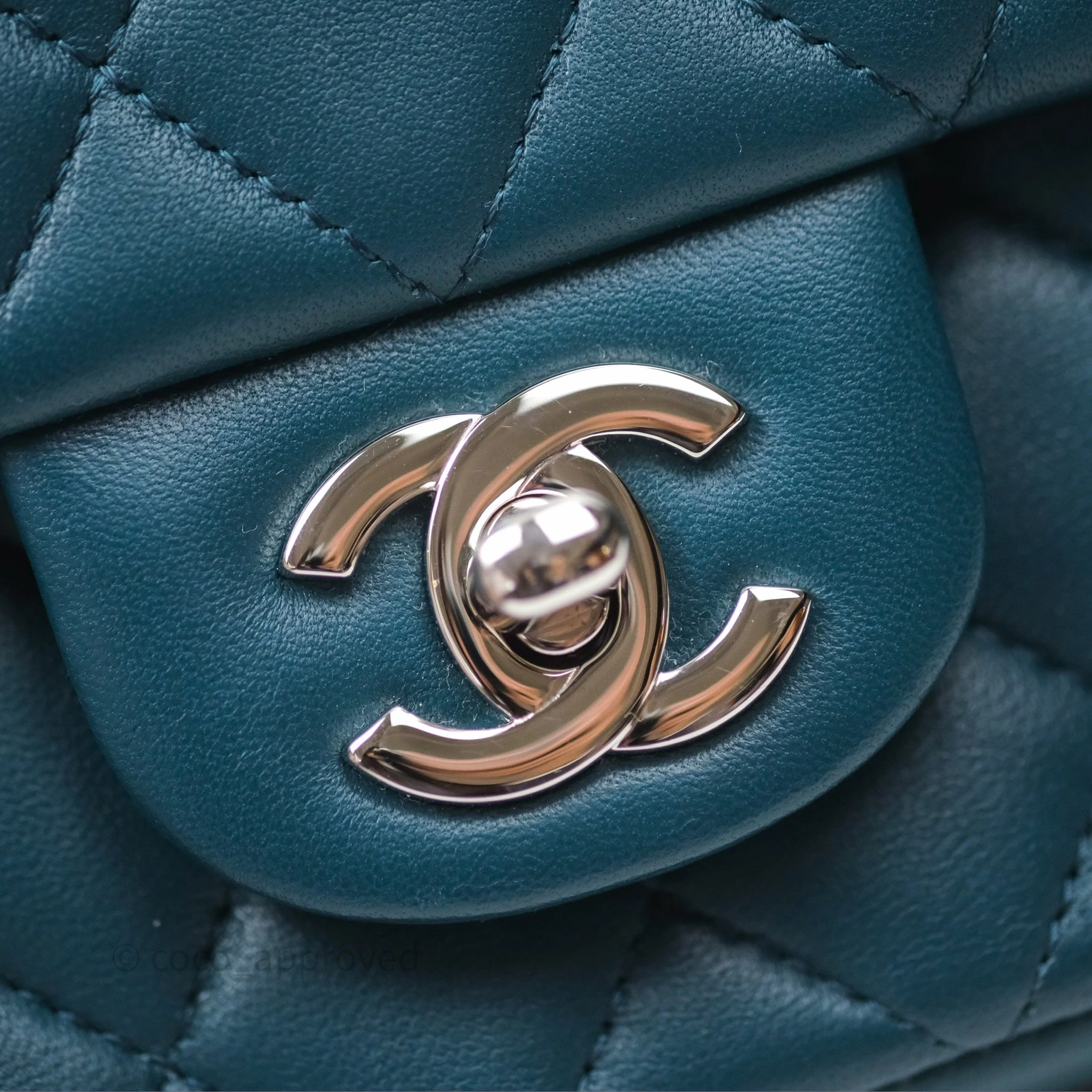 Chanel Quilted Mini Rectangular Flap Teal Green Lambskin Silver Hardware