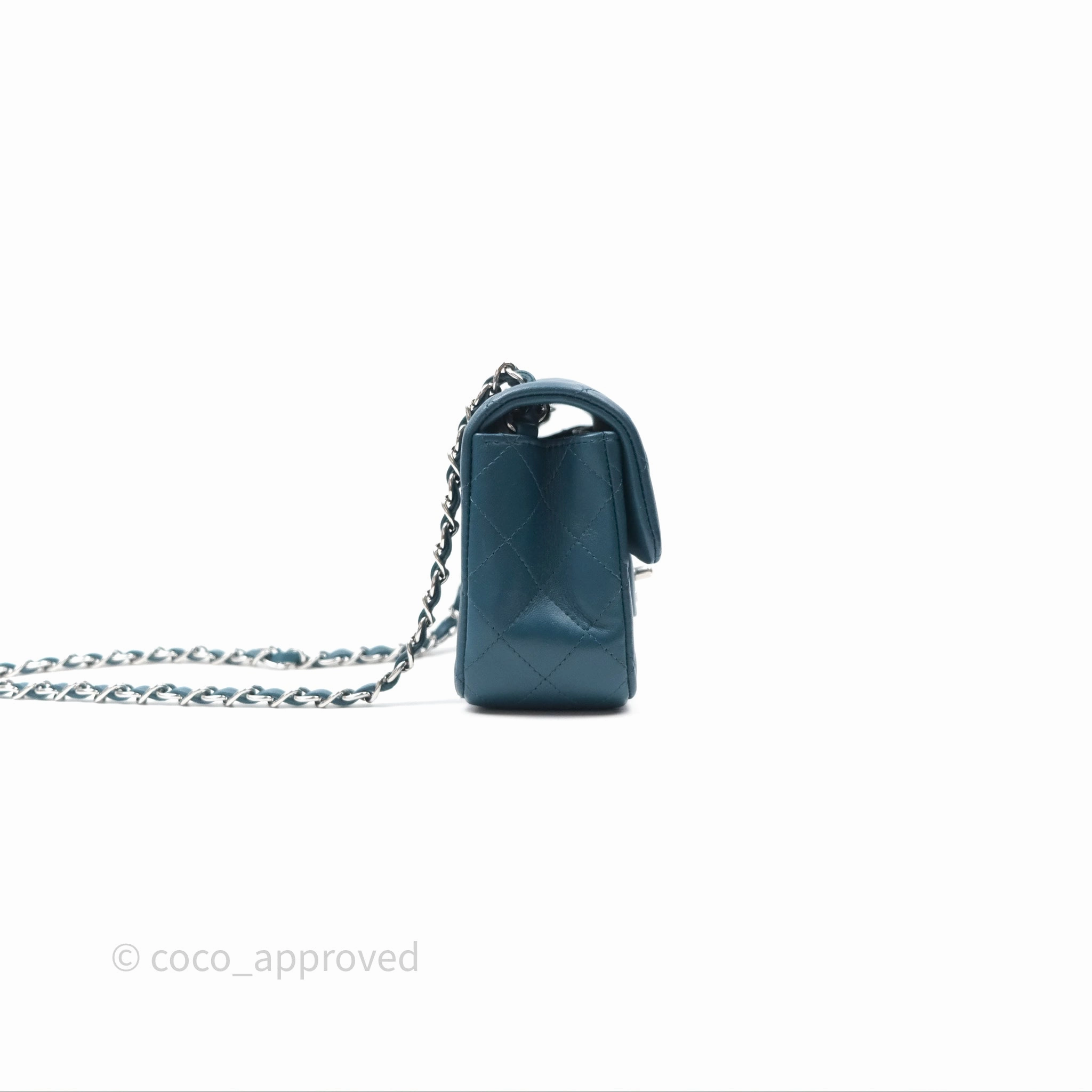 Chanel Quilted Mini Rectangular Flap Teal Green Lambskin Silver Hardware