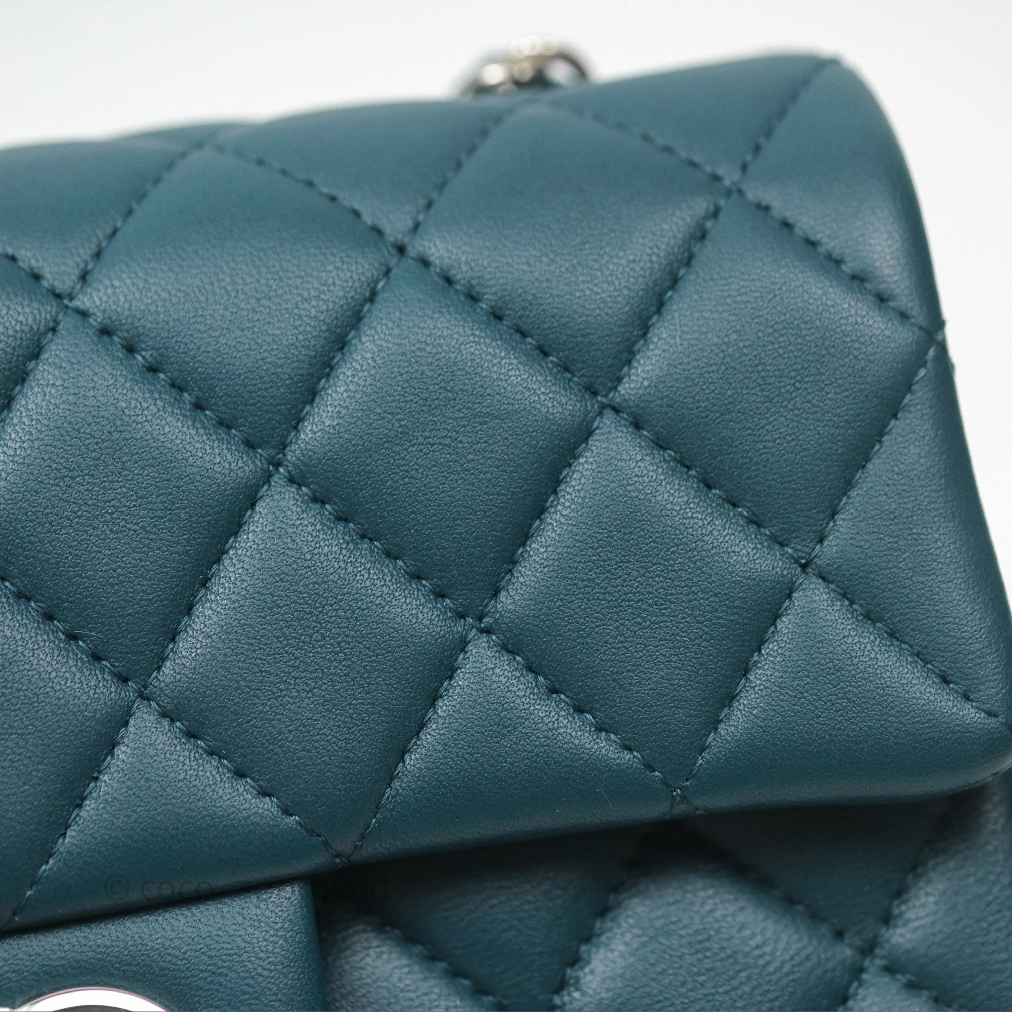 Chanel Quilted Mini Rectangular Flap Teal Green Lambskin Silver Hardware