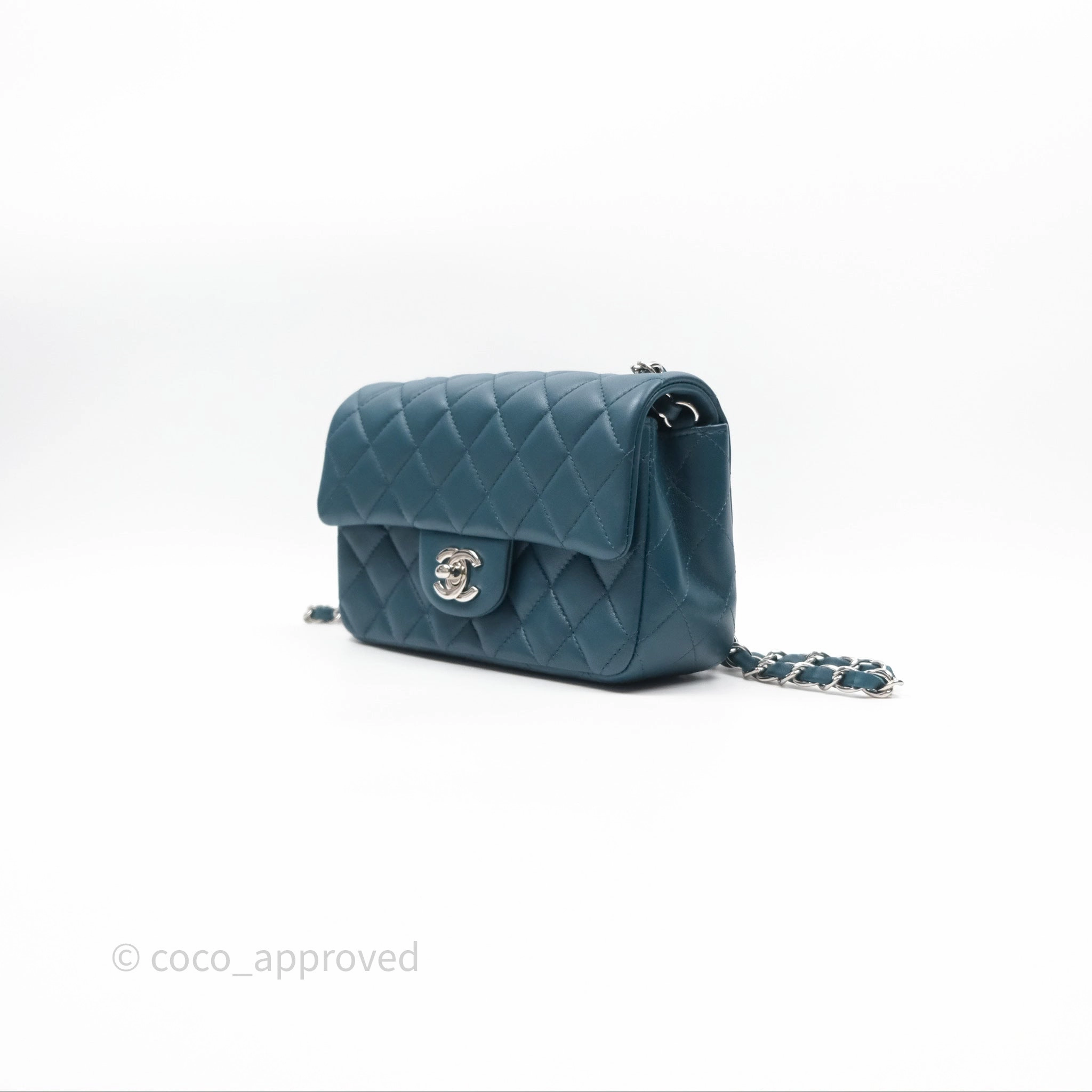 Chanel Quilted Mini Rectangular Flap Teal Green Lambskin Silver Hardware