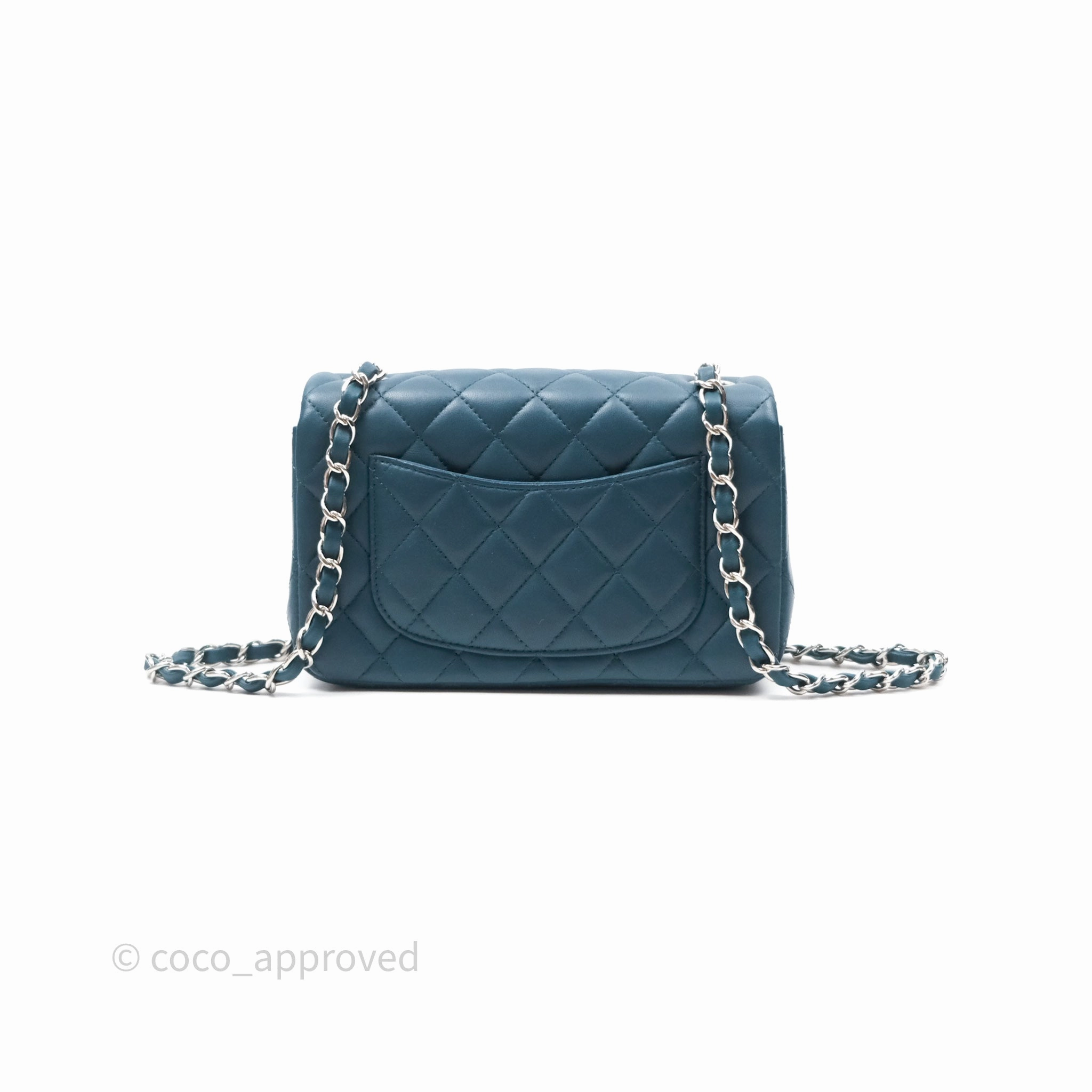 Chanel Quilted Mini Rectangular Flap Teal Green Lambskin Silver Hardware
