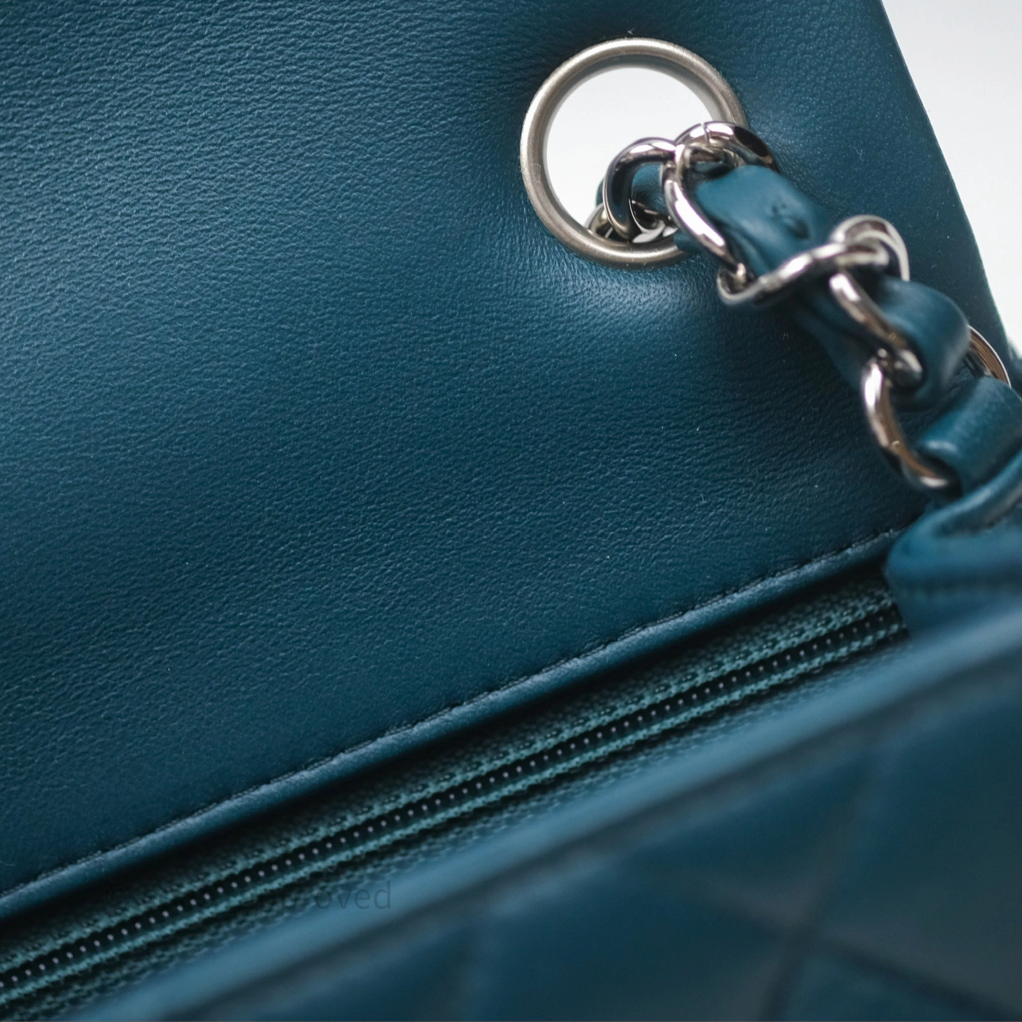 Chanel Quilted Mini Rectangular Flap Teal Green Lambskin Silver Hardware