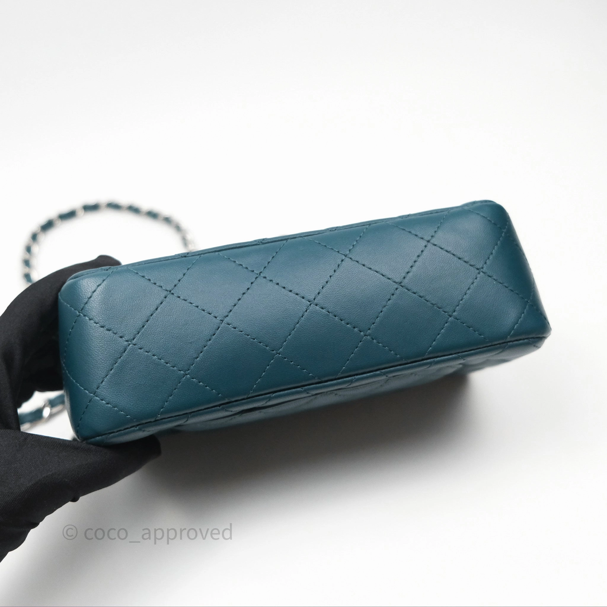 Chanel Quilted Mini Rectangular Flap Teal Green Lambskin Silver Hardware