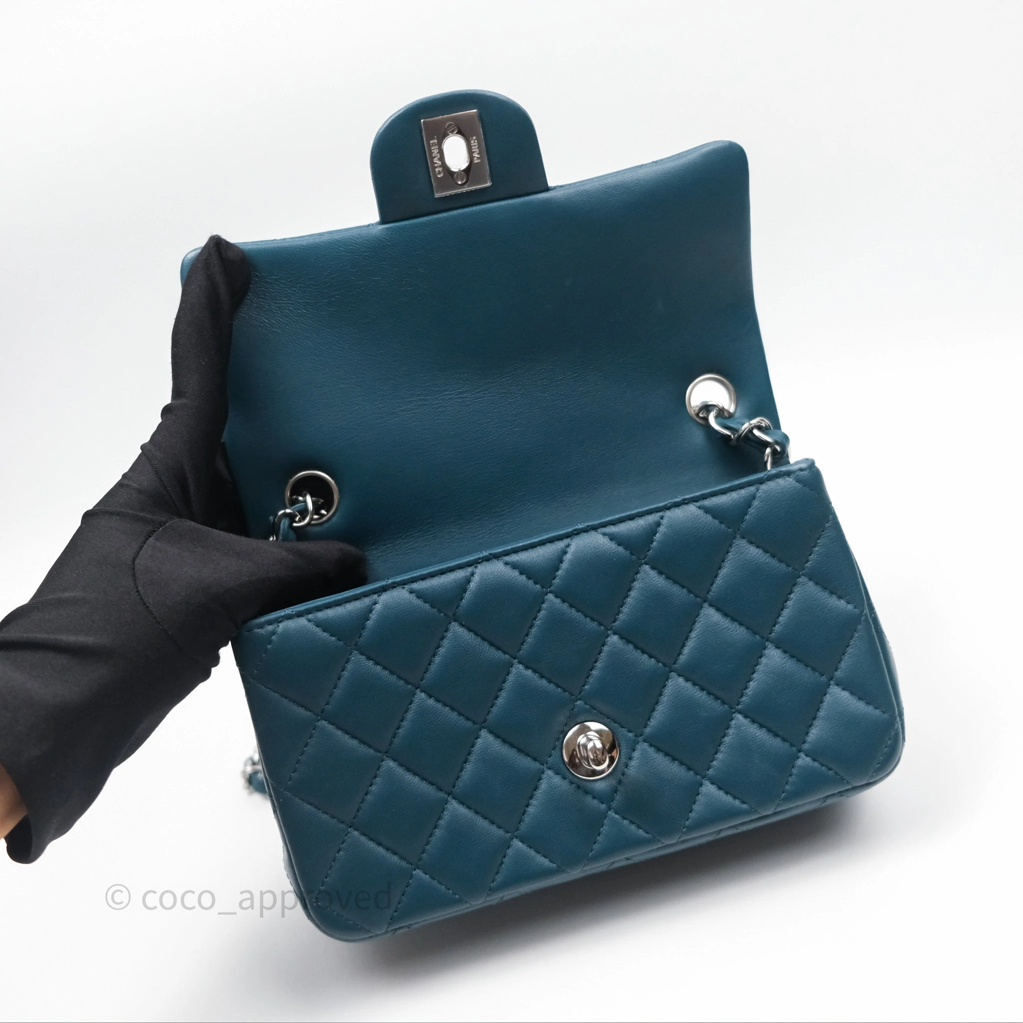 Chanel Quilted Mini Rectangular Flap Teal Green Lambskin Silver Hardware