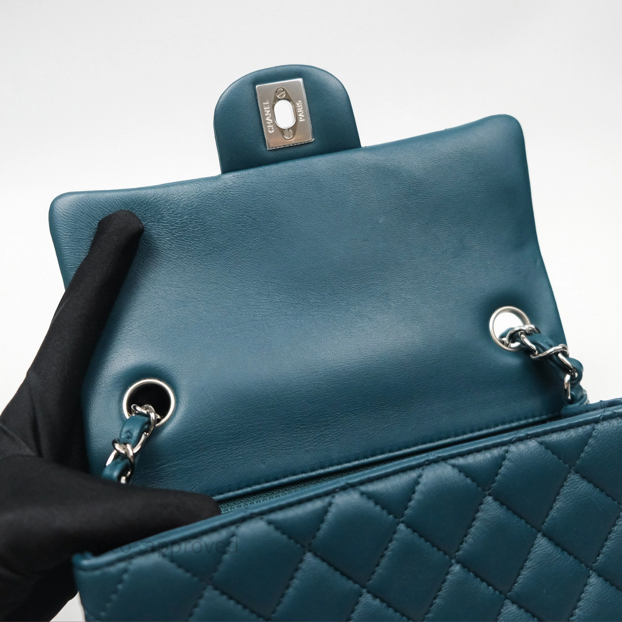 Chanel Quilted Mini Rectangular Flap Teal Green Lambskin Silver Hardware