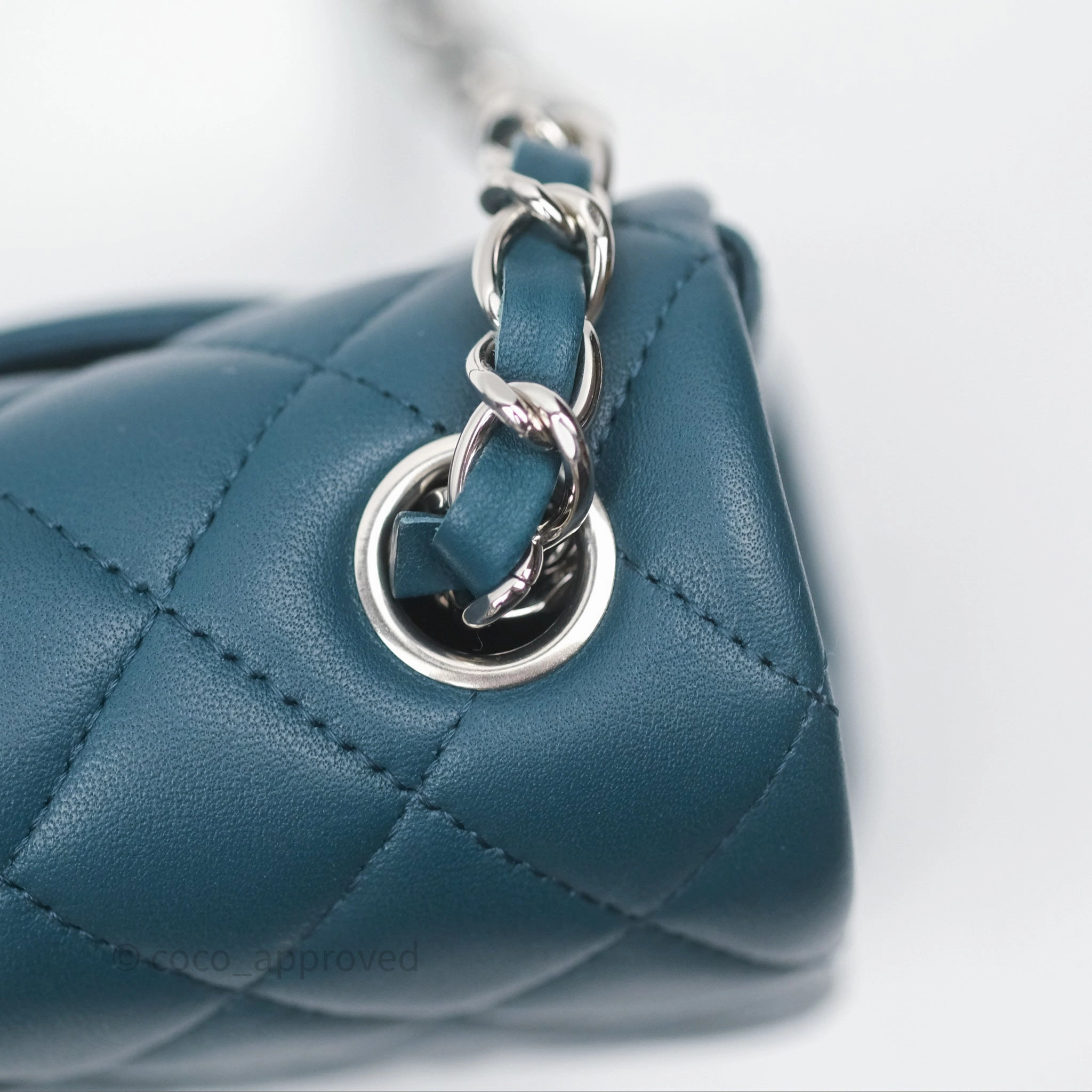 Chanel Quilted Mini Rectangular Flap Teal Green Lambskin Silver Hardware