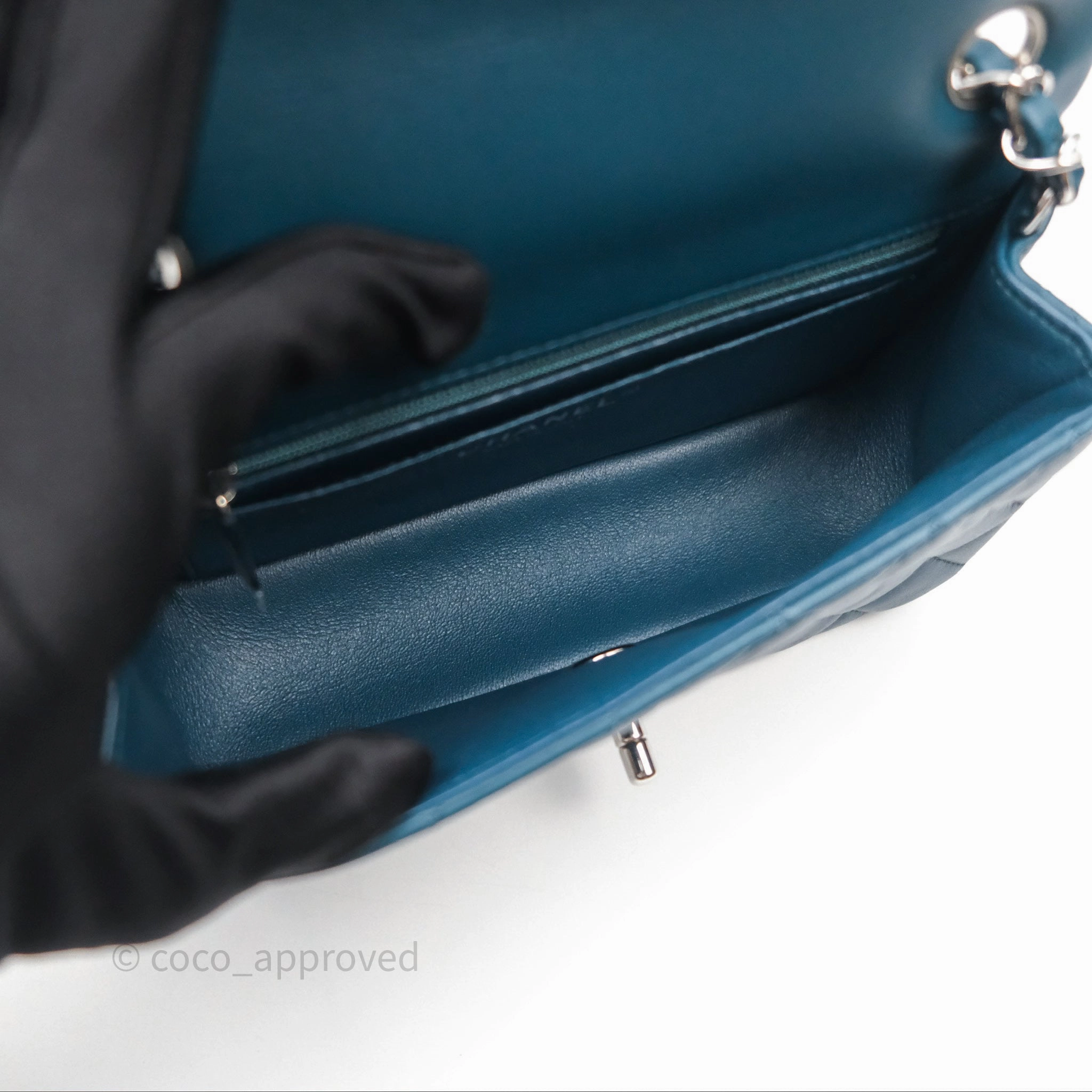Chanel Quilted Mini Rectangular Flap Teal Green Lambskin Silver Hardware