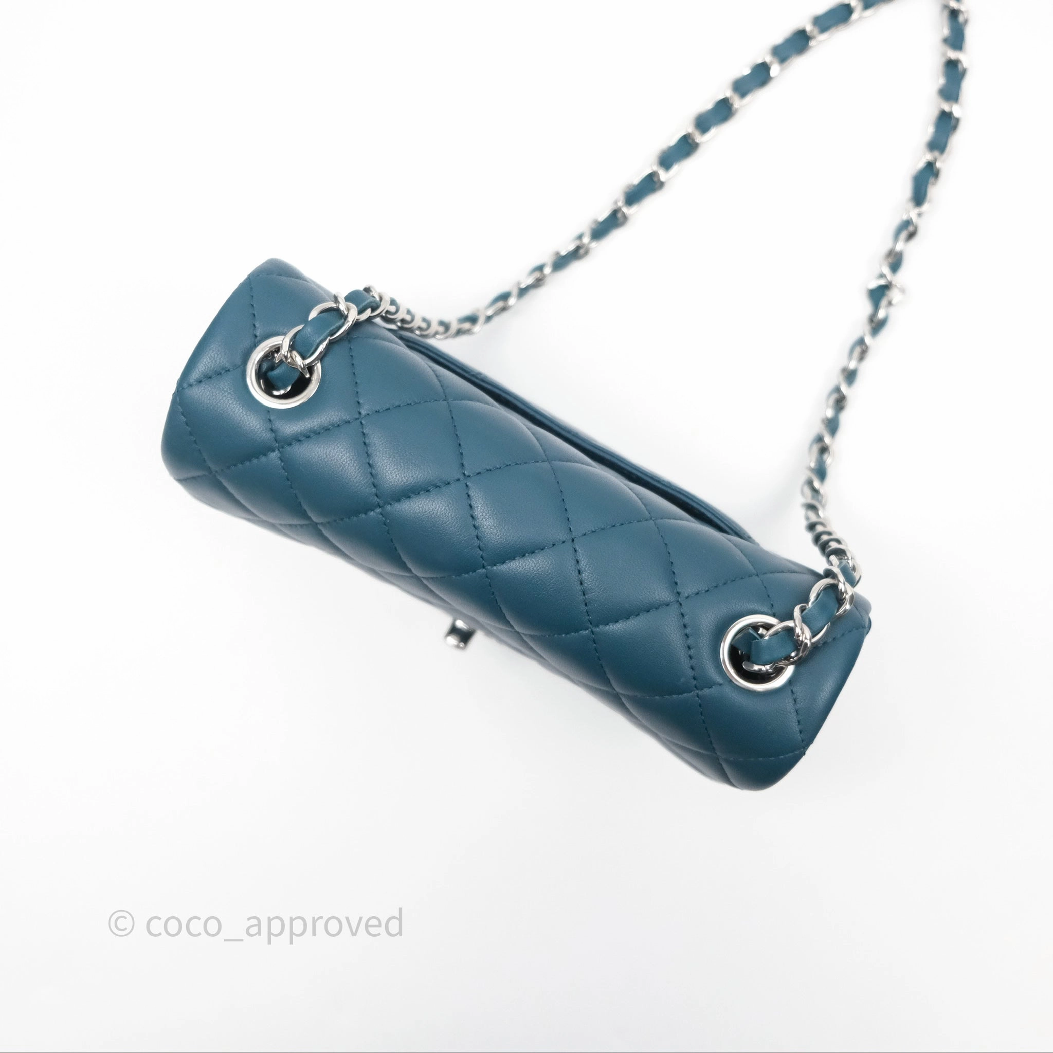 Chanel Quilted Mini Rectangular Flap Teal Green Lambskin Silver Hardware