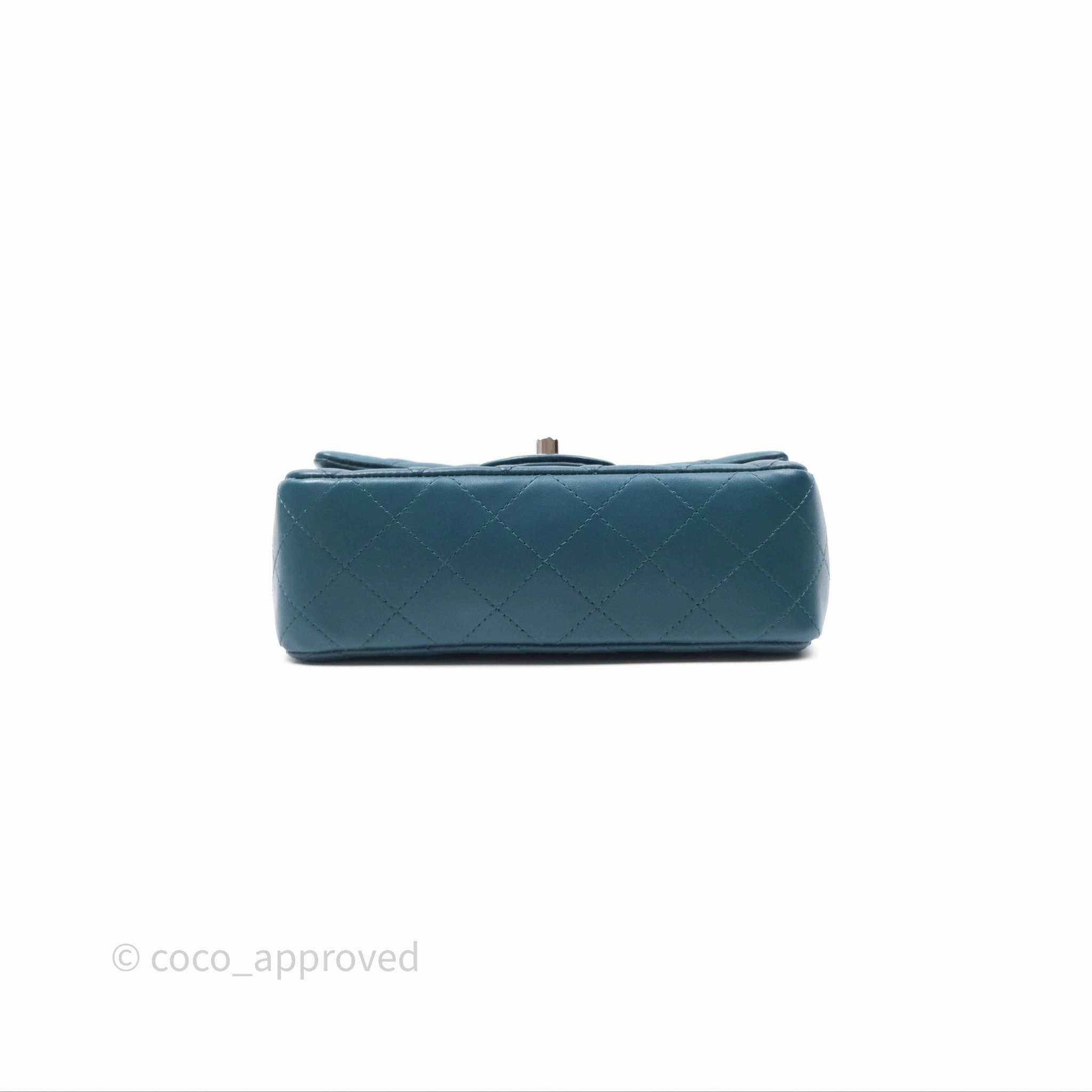 Chanel Quilted Mini Rectangular Flap Teal Green Lambskin Silver Hardware