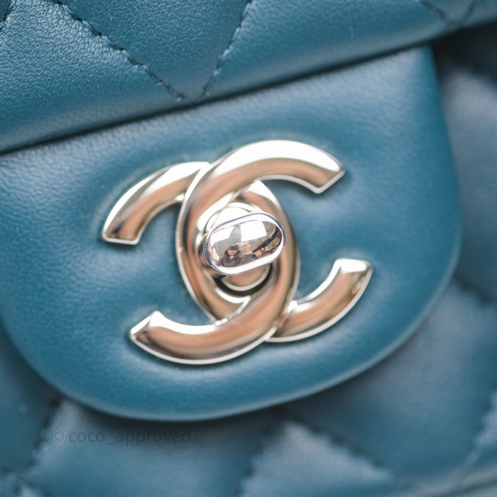 Chanel Quilted Mini Rectangular Flap Teal Green Lambskin Silver Hardware