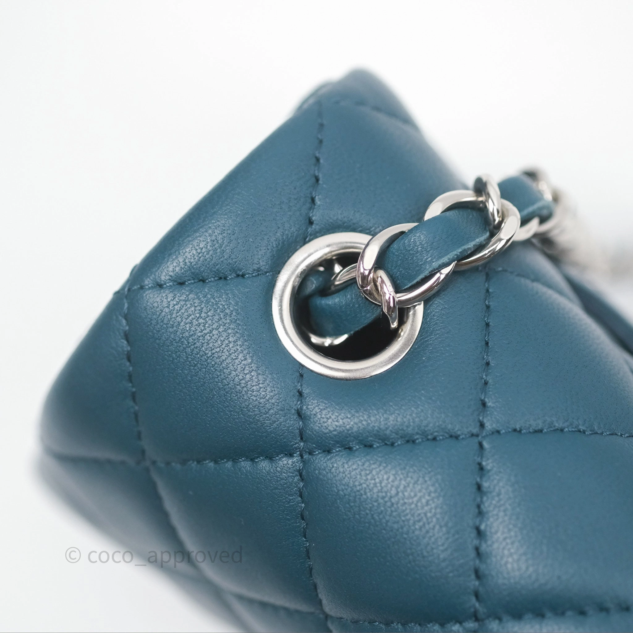 Chanel Quilted Mini Rectangular Flap Teal Green Lambskin Silver Hardware