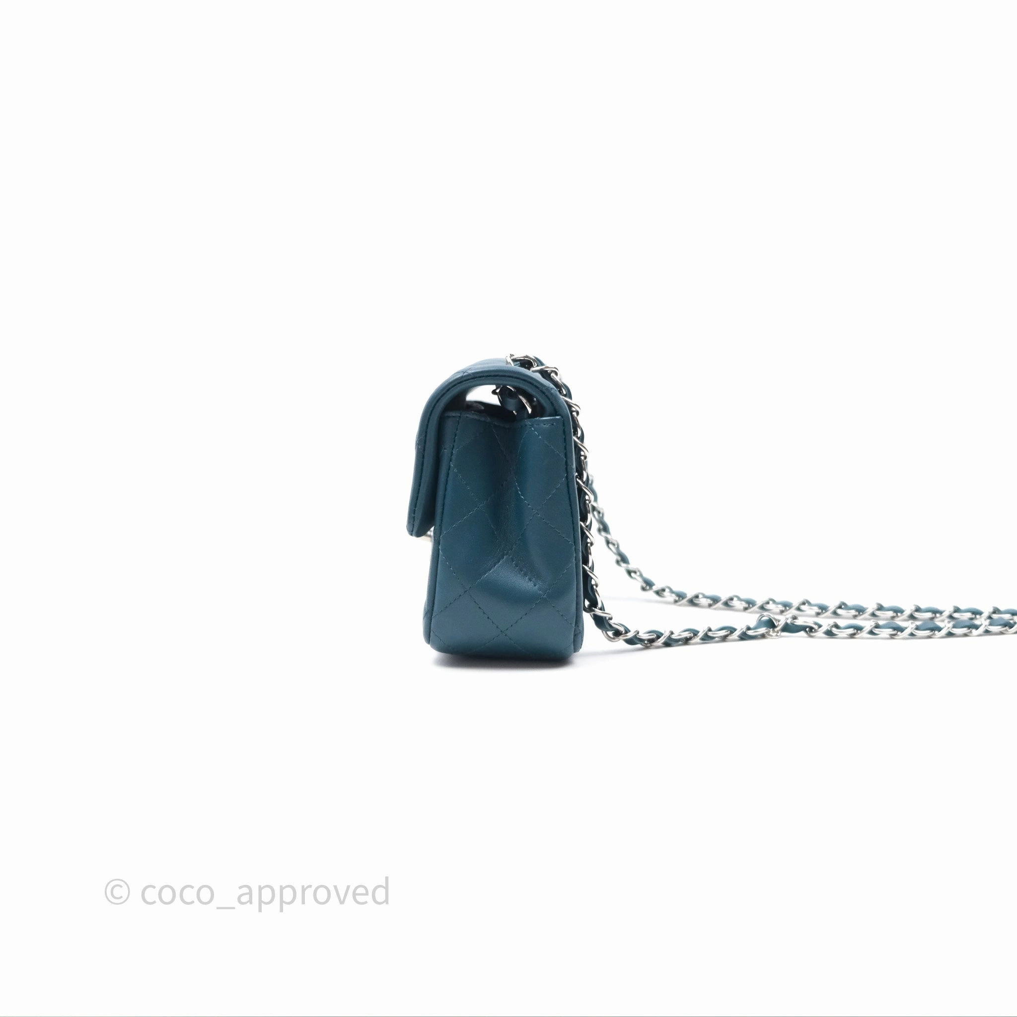 Chanel Quilted Mini Rectangular Flap Teal Green Lambskin Silver Hardware