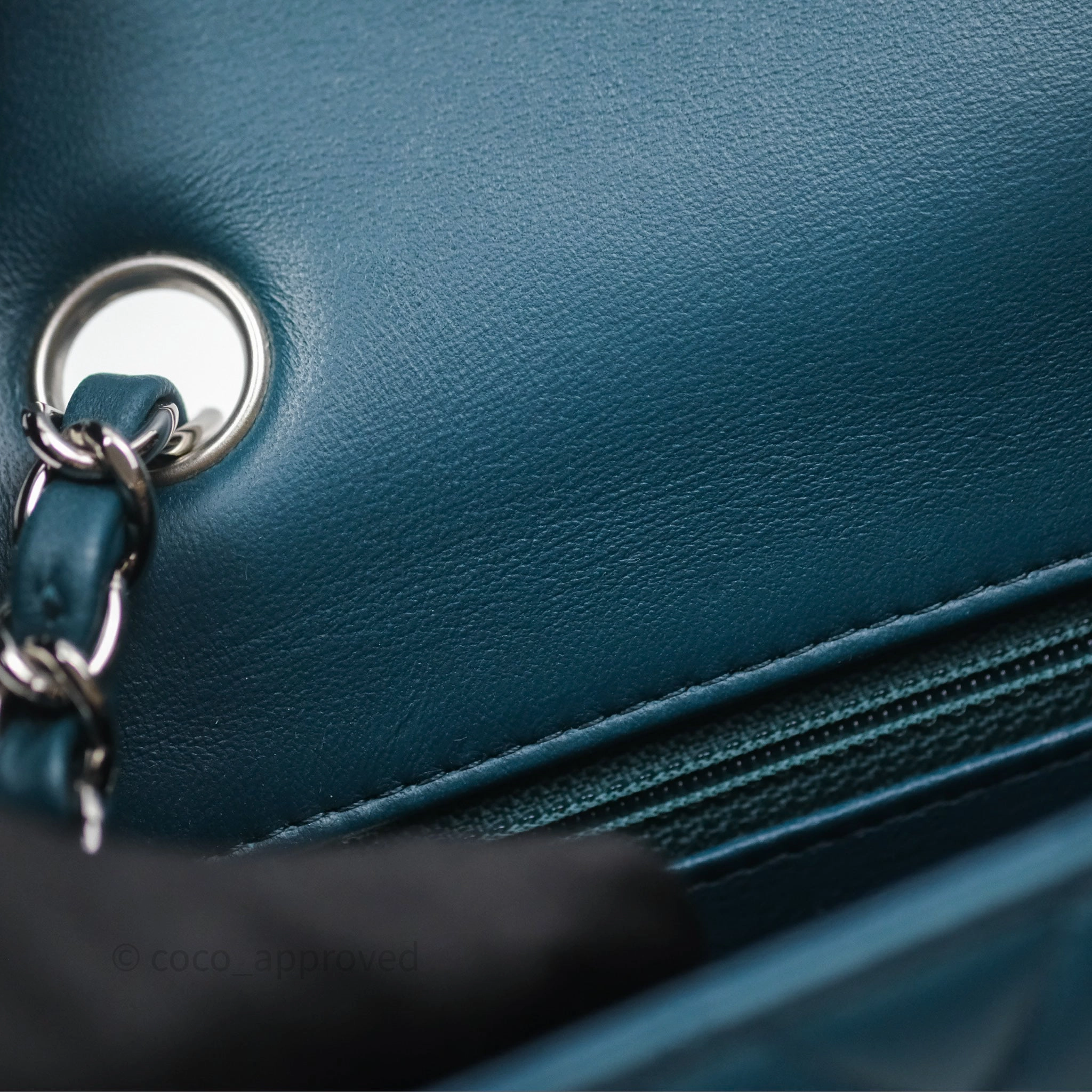 Chanel Quilted Mini Rectangular Flap Teal Green Lambskin Silver Hardware
