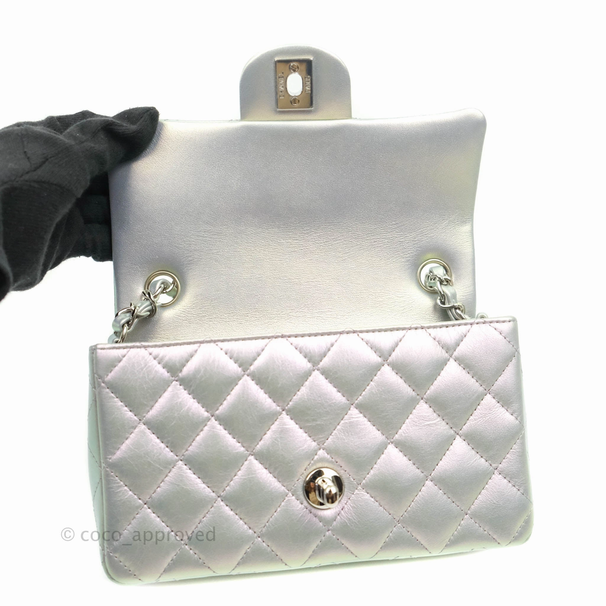 Chanel Quilted Mini Rectangular Iridescent White Lilac Calfskin Silver Hardware