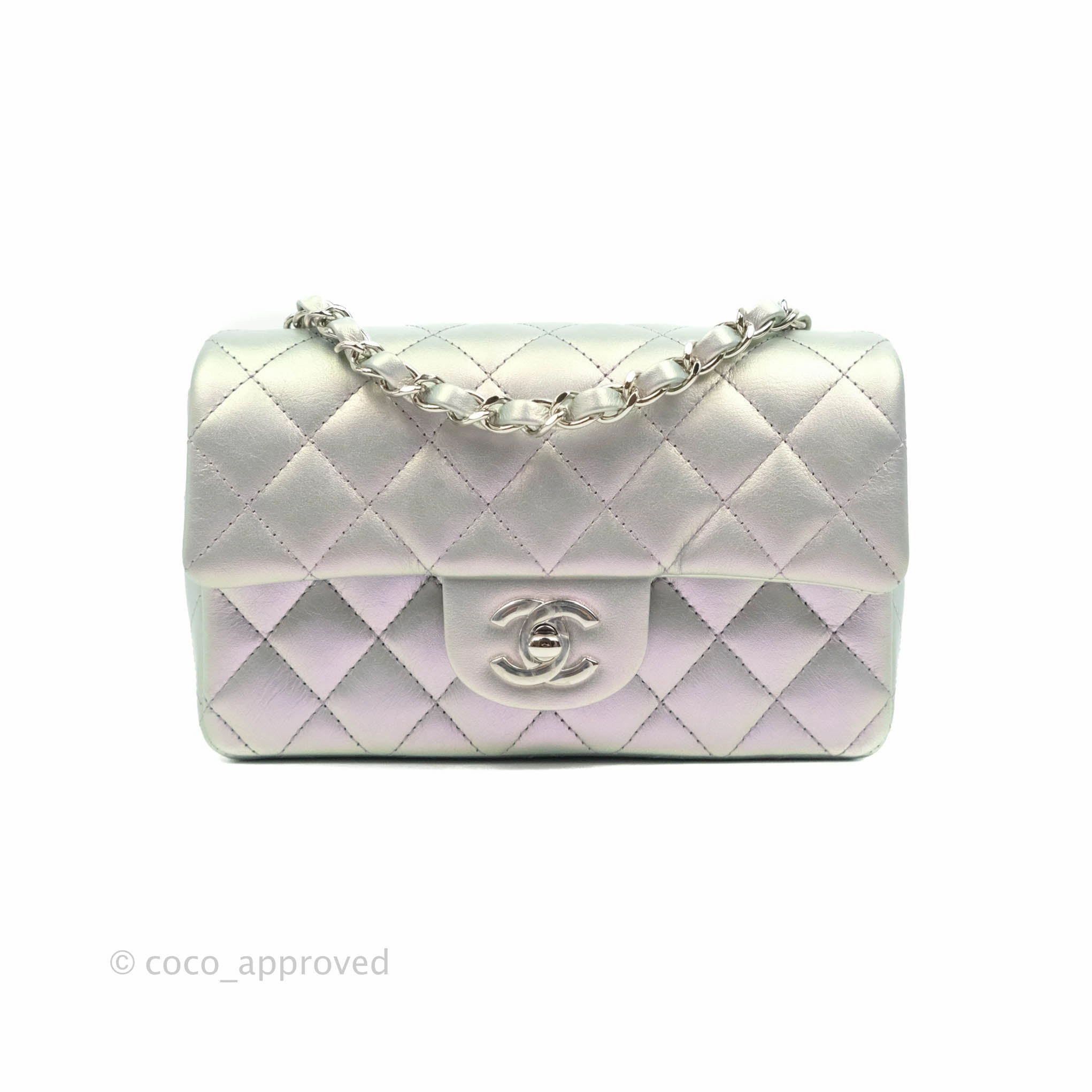 Chanel Quilted Mini Rectangular Iridescent White Lilac Calfskin Silver Hardware