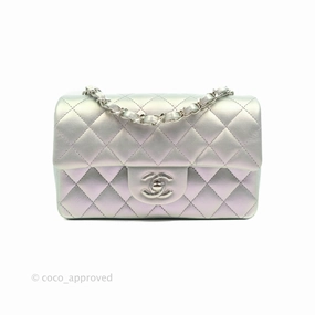 Chanel Quilted Mini Rectangular Iridescent White Lilac Calfskin Silver Hardware