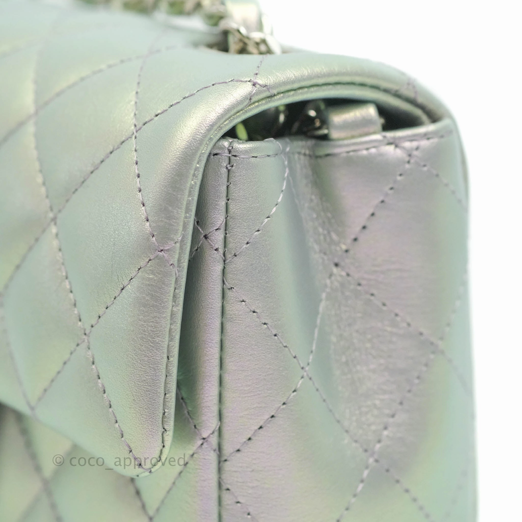 Chanel Quilted Mini Rectangular Iridescent White Lilac Calfskin Silver Hardware