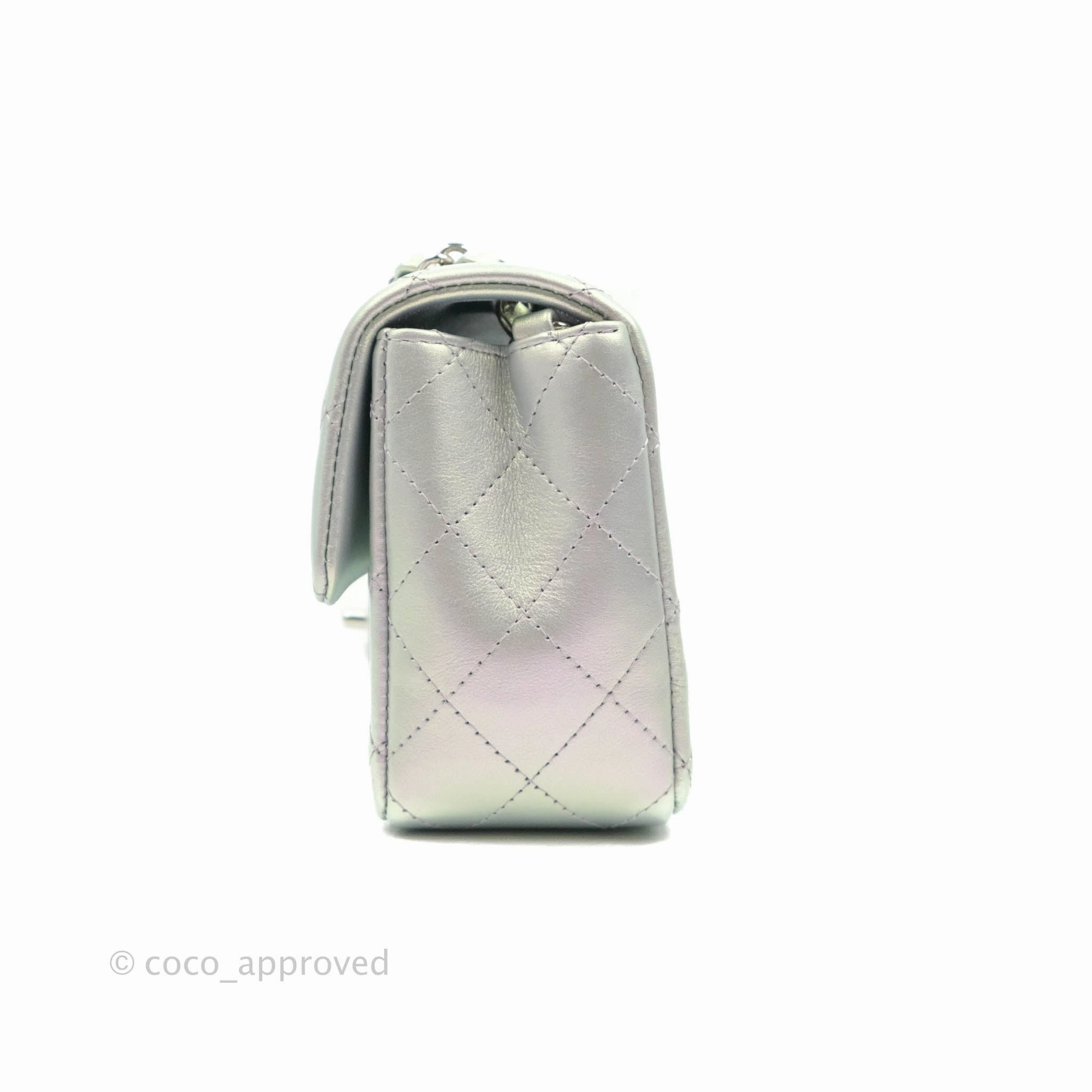 Chanel Quilted Mini Rectangular Iridescent White Lilac Calfskin Silver Hardware