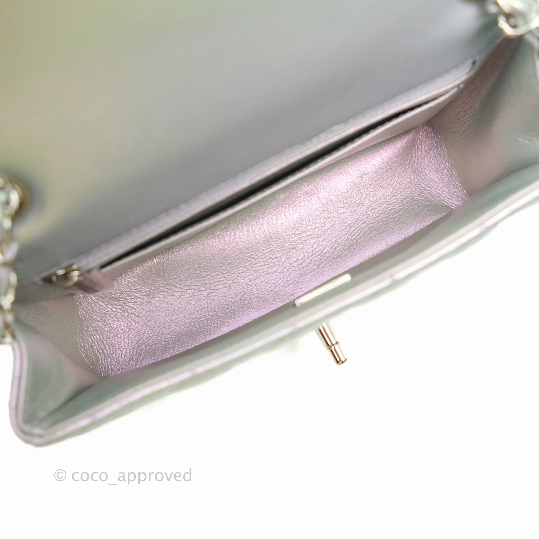 Chanel Quilted Mini Rectangular Iridescent White Lilac Calfskin Silver Hardware