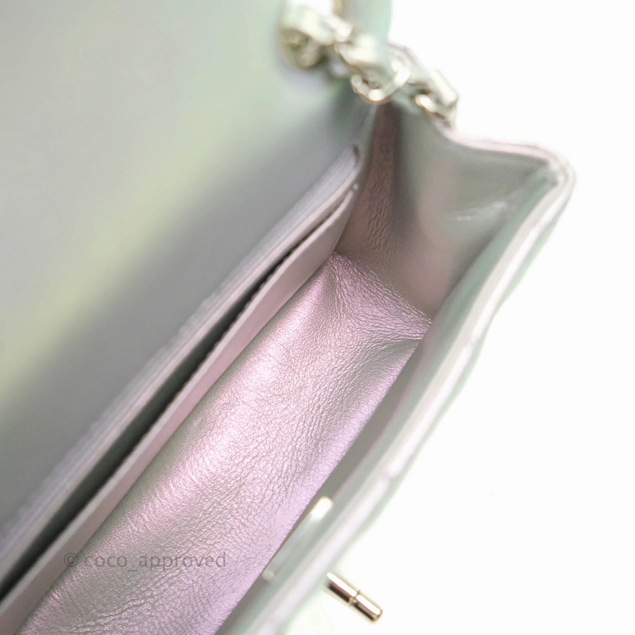 Chanel Quilted Mini Rectangular Iridescent White Lilac Calfskin Silver Hardware