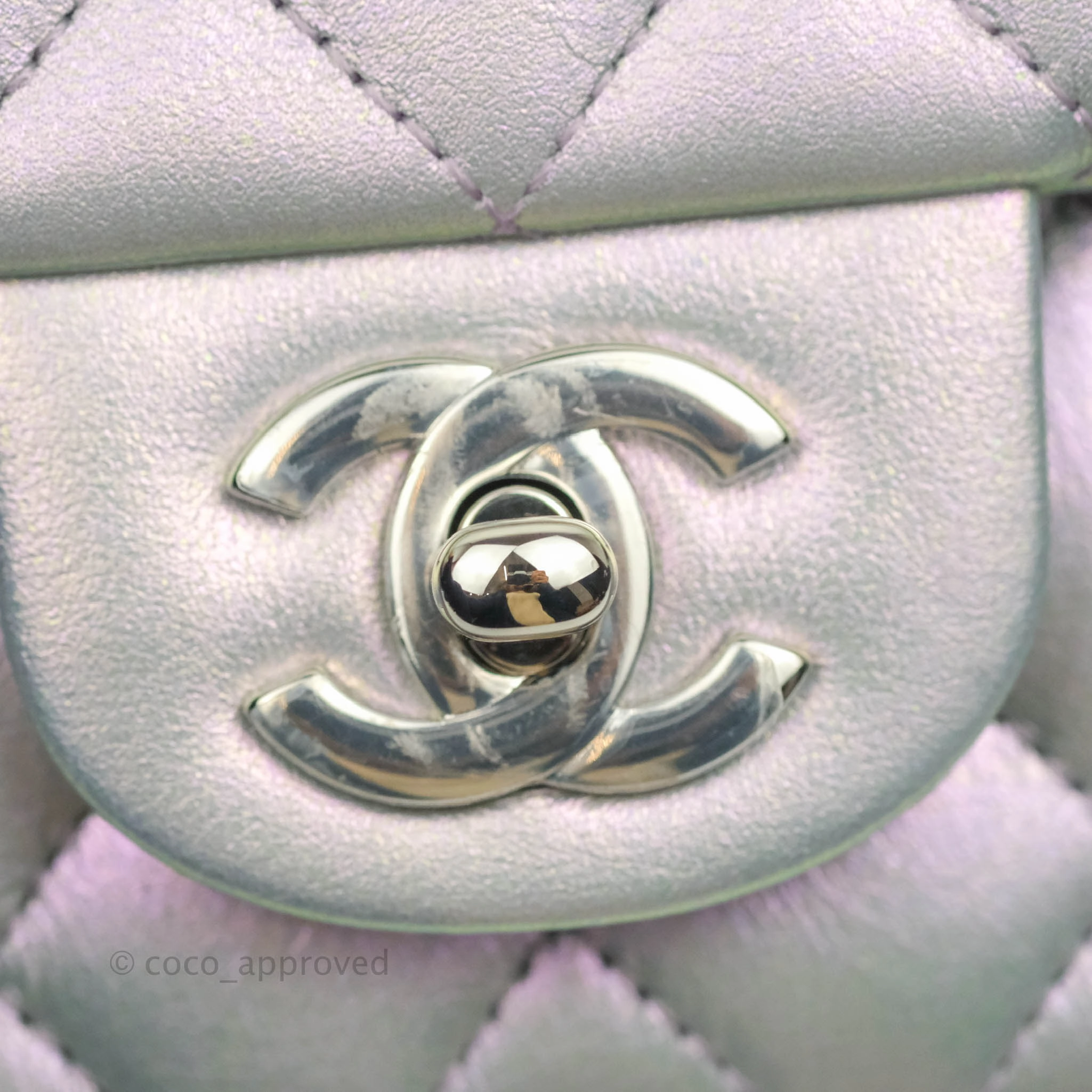 Chanel Quilted Mini Rectangular Iridescent White Lilac Calfskin Silver Hardware