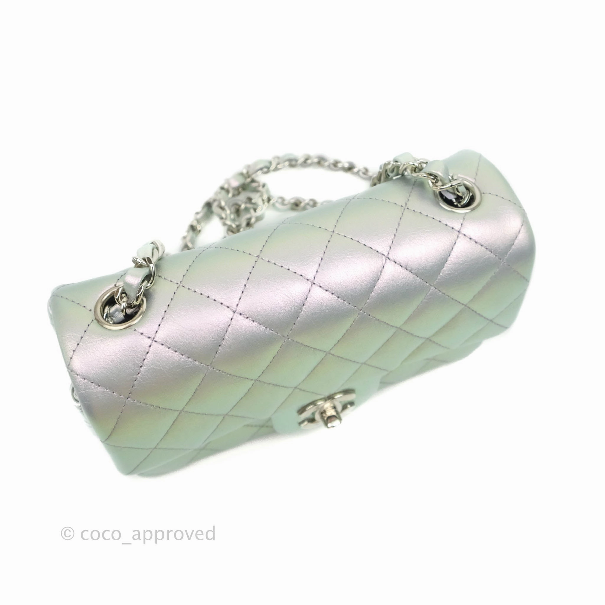 Chanel Quilted Mini Rectangular Iridescent White Lilac Calfskin Silver Hardware
