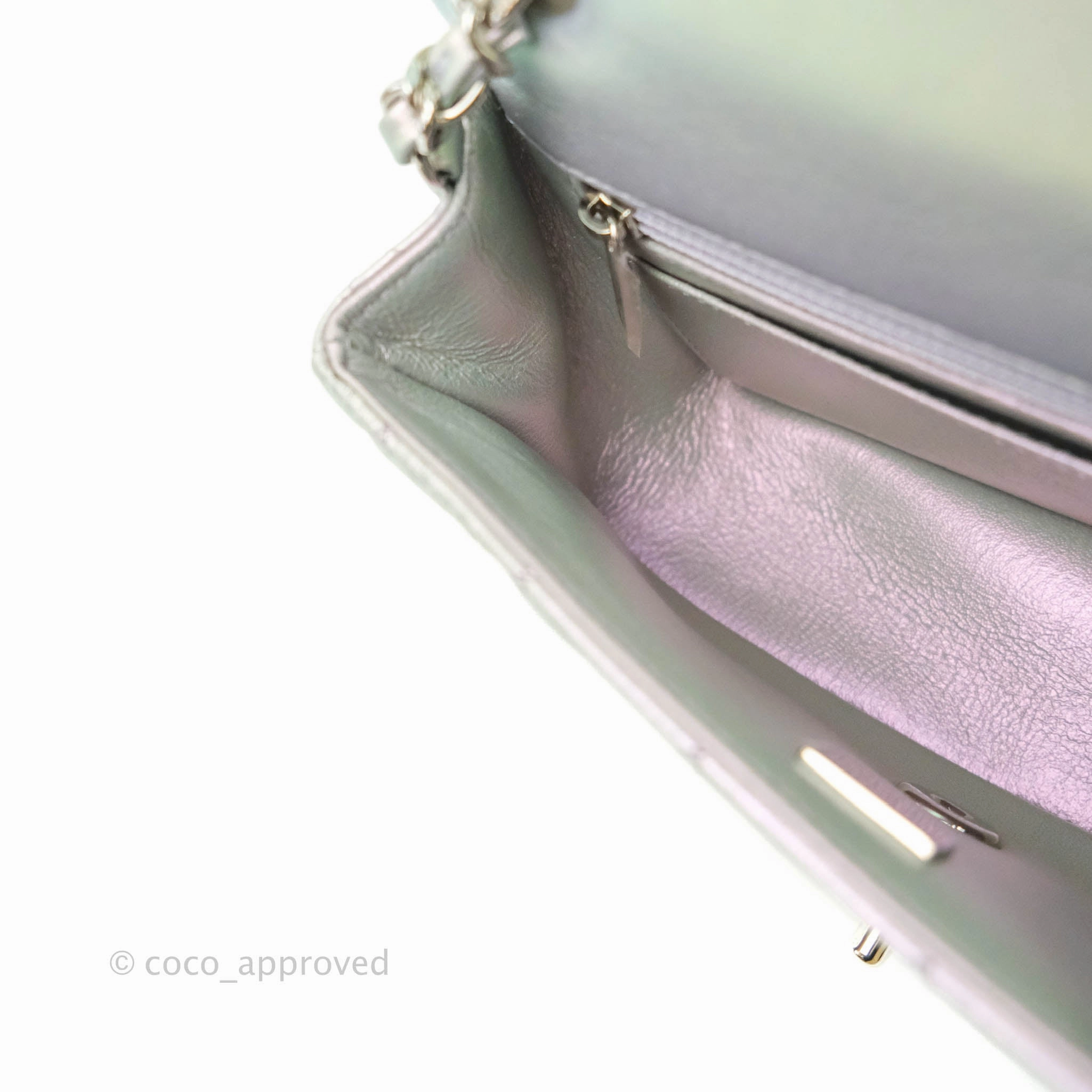 Chanel Quilted Mini Rectangular Iridescent White Lilac Calfskin Silver Hardware