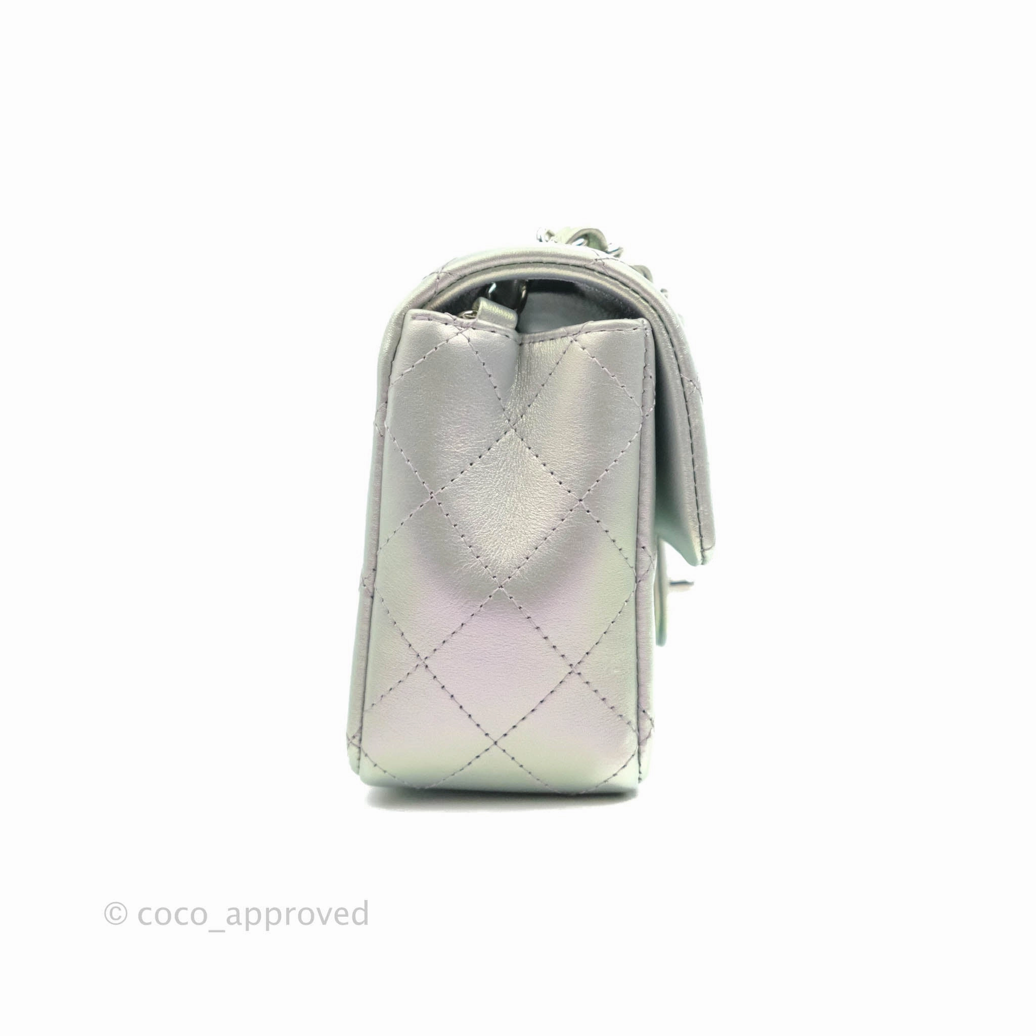 Chanel Quilted Mini Rectangular Iridescent White Lilac Calfskin Silver Hardware