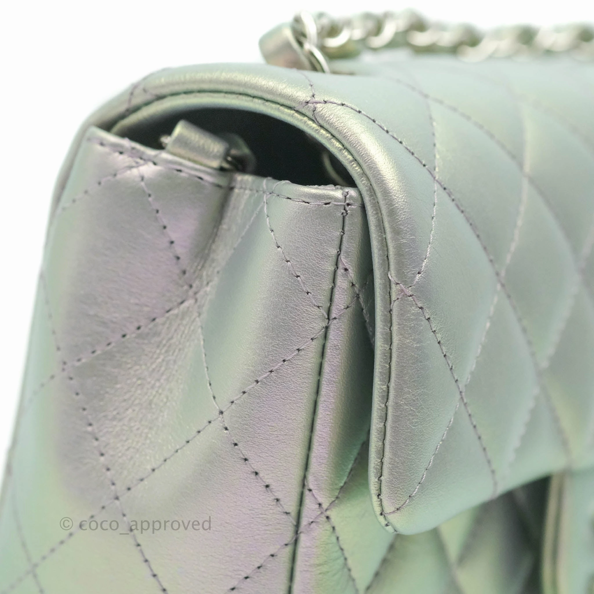 Chanel Quilted Mini Rectangular Iridescent White Lilac Calfskin Silver Hardware