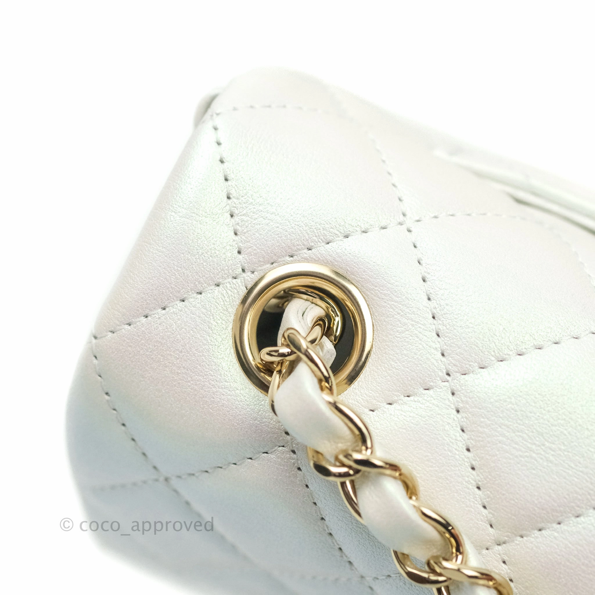 Chanel Quilted Mini Rectangular Lambskin Iridescent White Gold Hardware