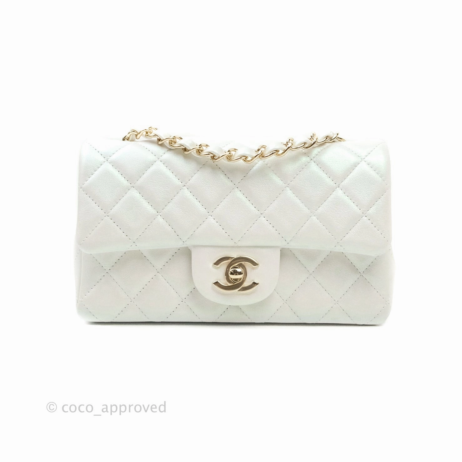 Chanel Quilted Mini Rectangular Lambskin Iridescent White Gold Hardware