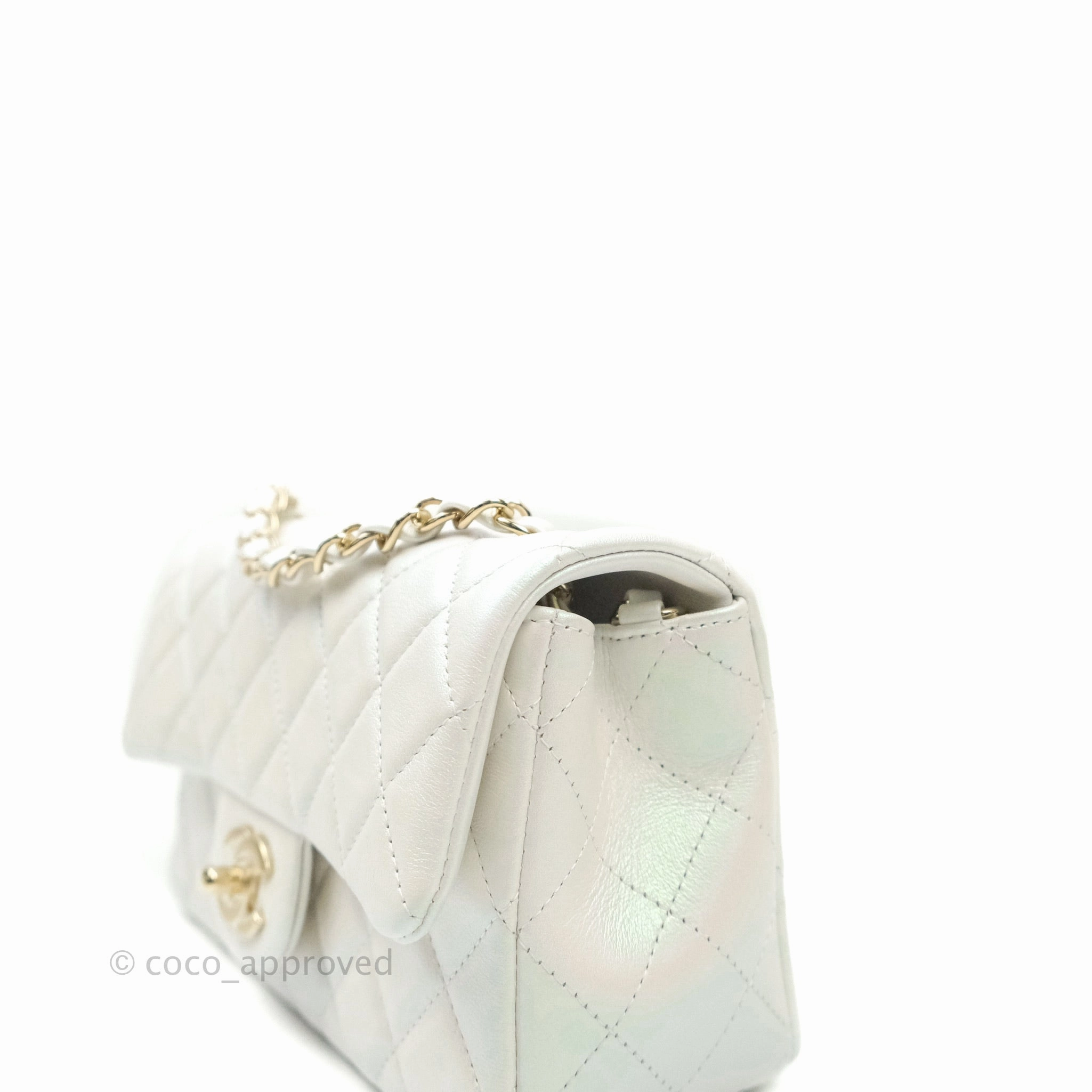 Chanel Quilted Mini Rectangular Lambskin Iridescent White Gold Hardware