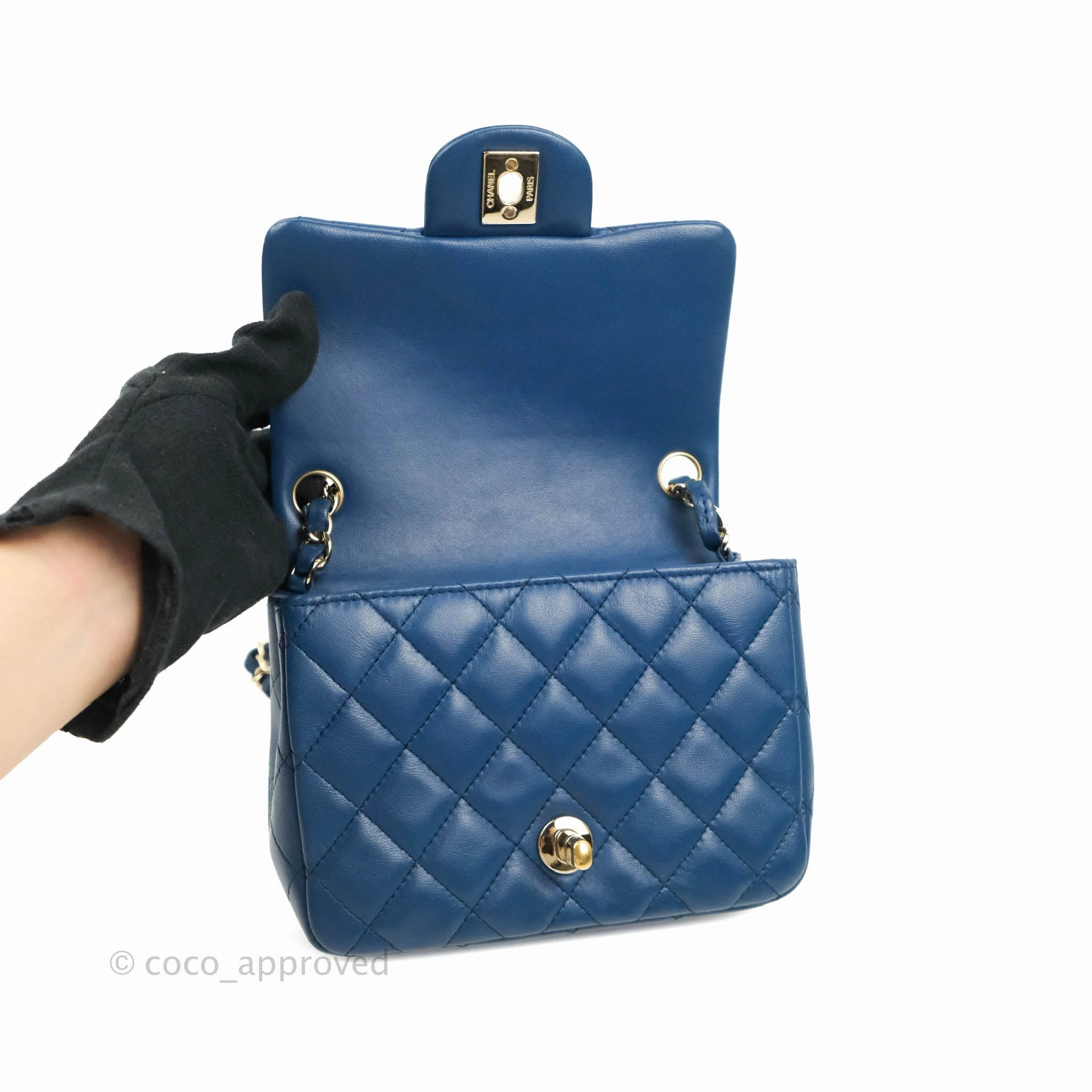Chanel Quilted Mini Square Blue Lambskin Gold Hardware