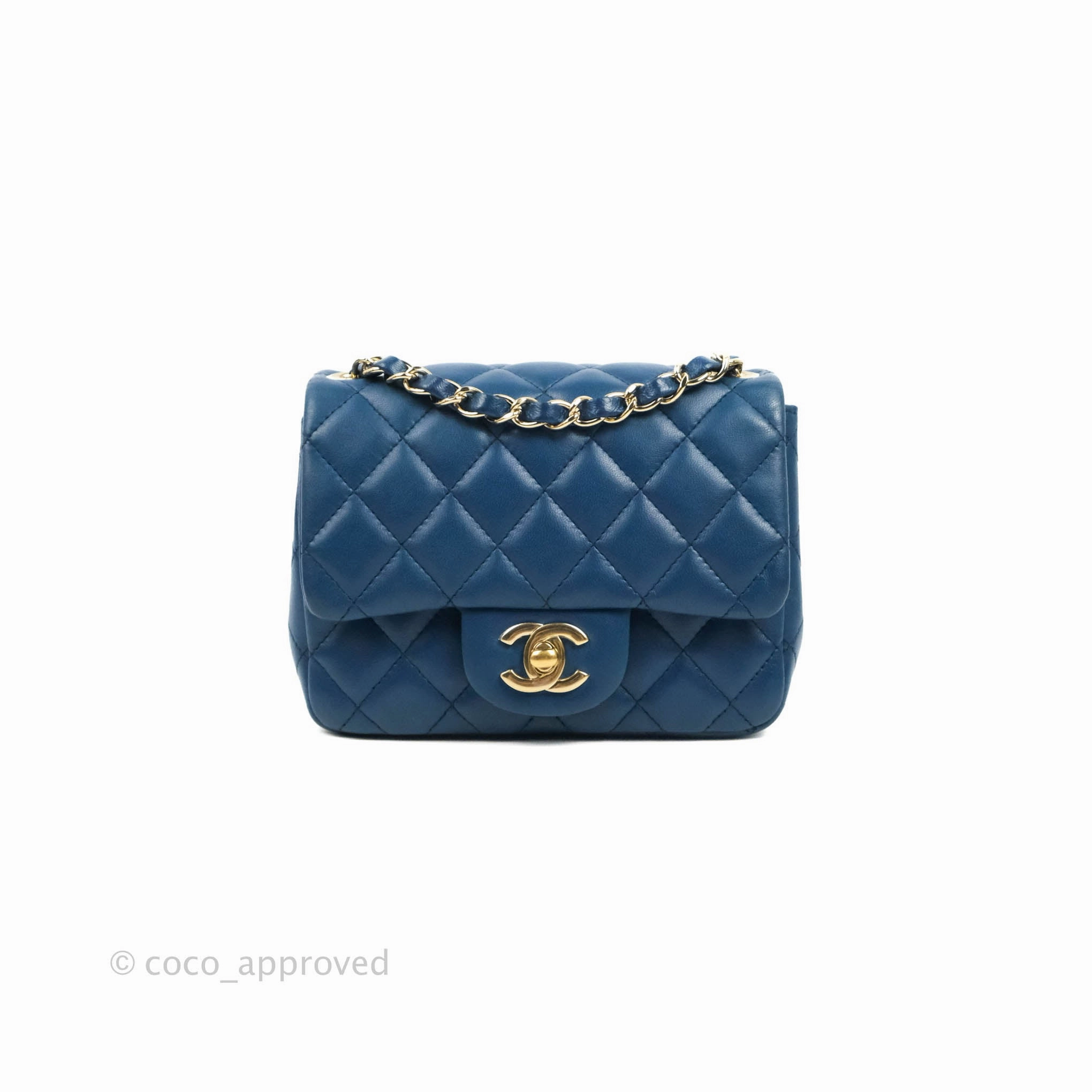 Chanel Quilted Mini Square Blue Lambskin Gold Hardware