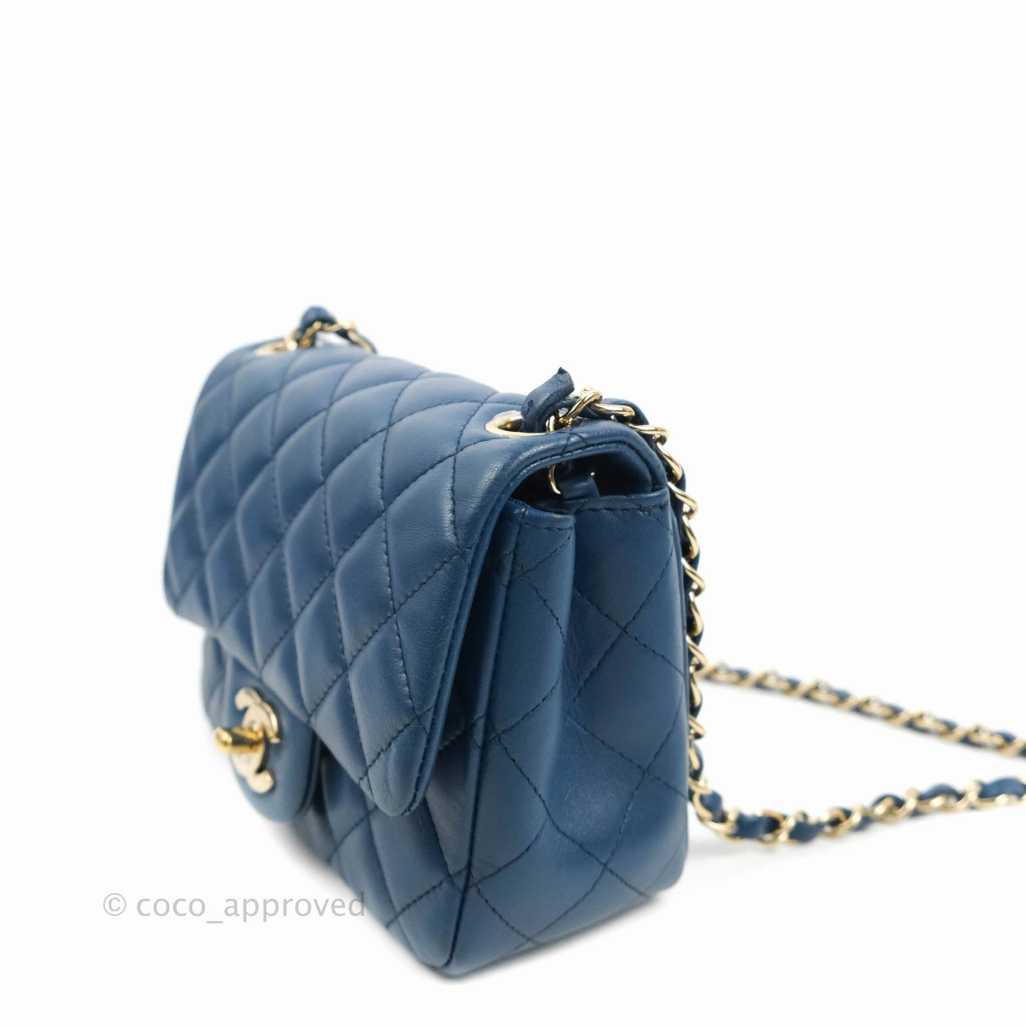 Chanel Quilted Mini Square Blue Lambskin Gold Hardware