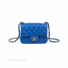 Chanel Quilted Mini Square Blue Lambskin Silver Hardware