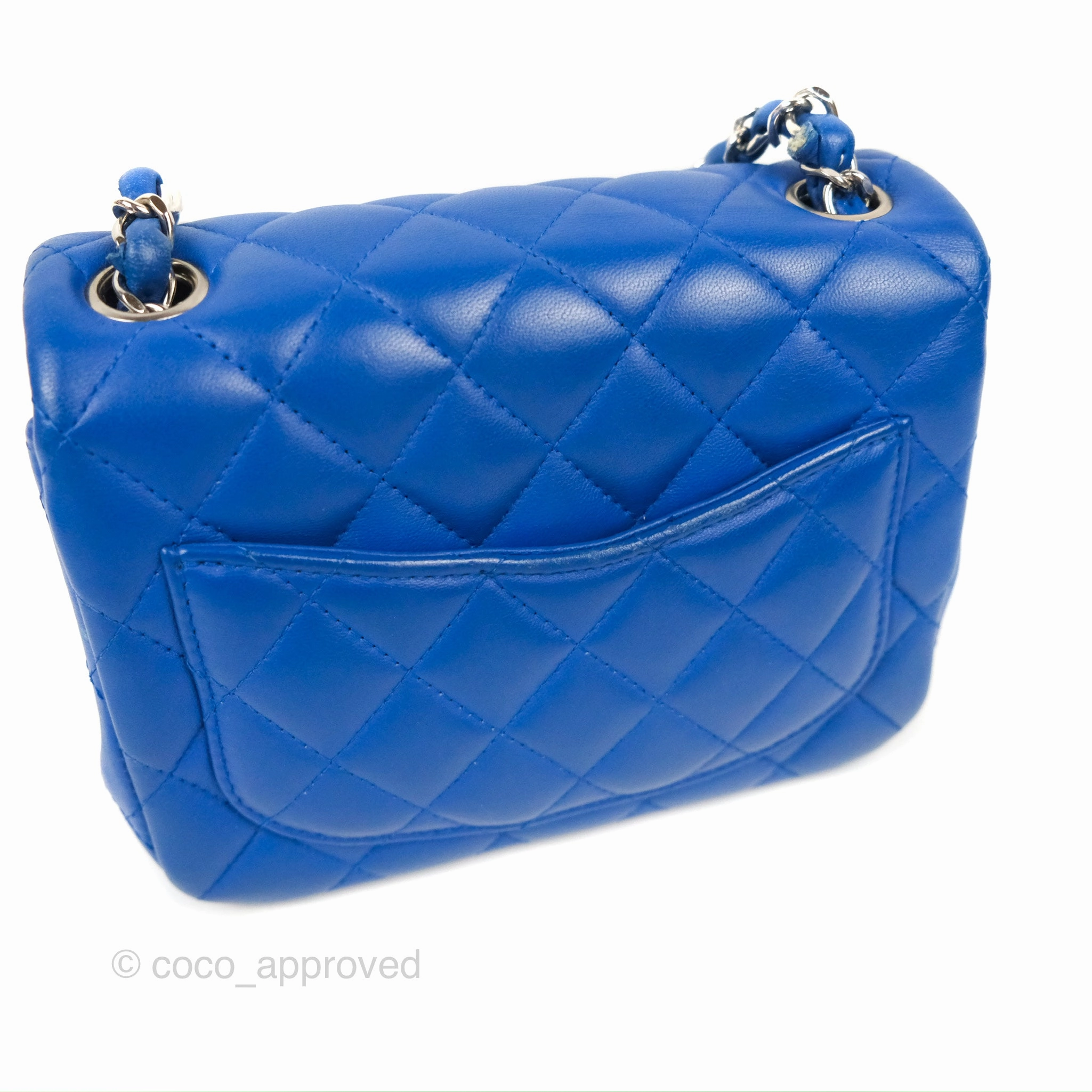 Chanel Quilted Mini Square Blue Lambskin Silver Hardware