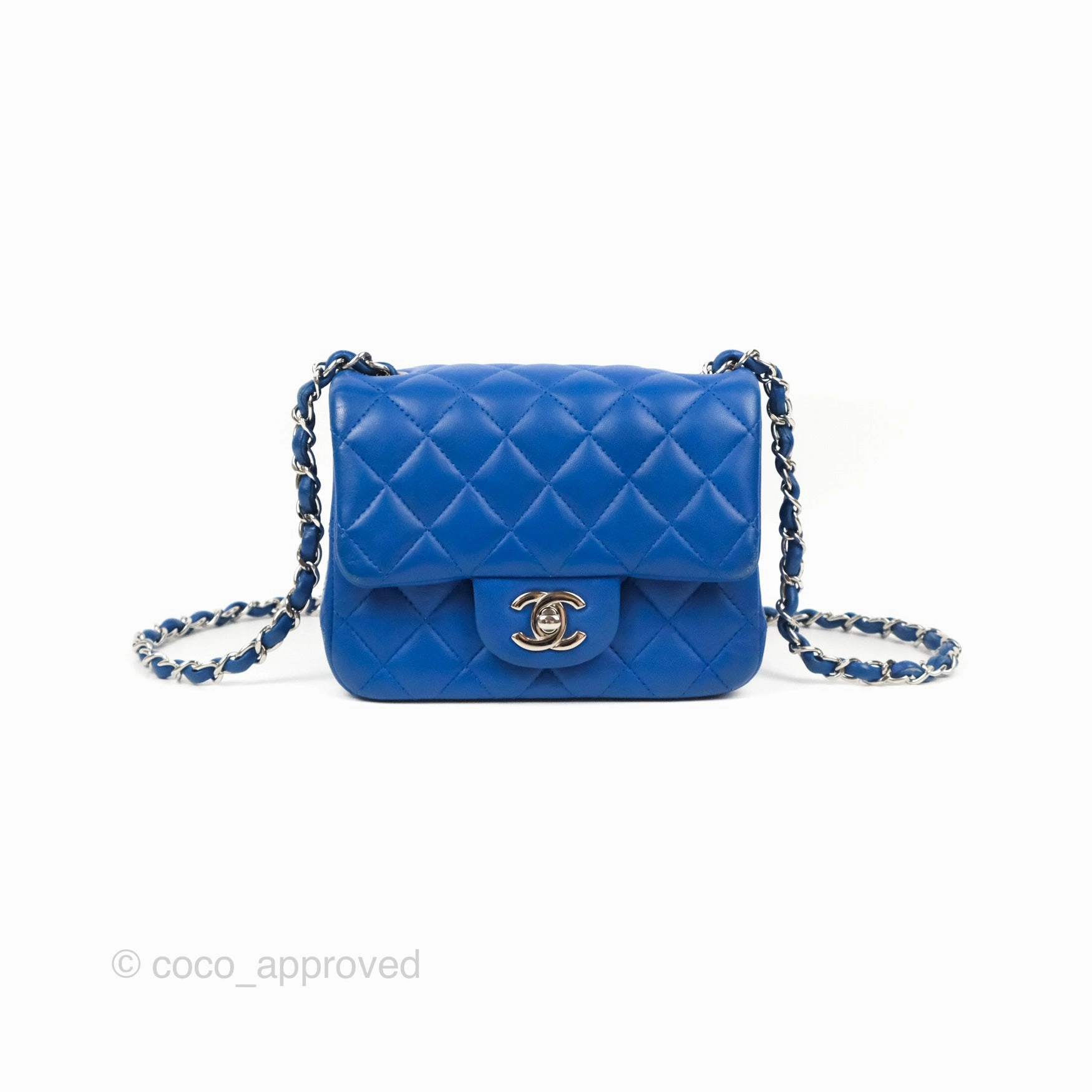 Chanel Quilted Mini Square Blue Lambskin Silver Hardware