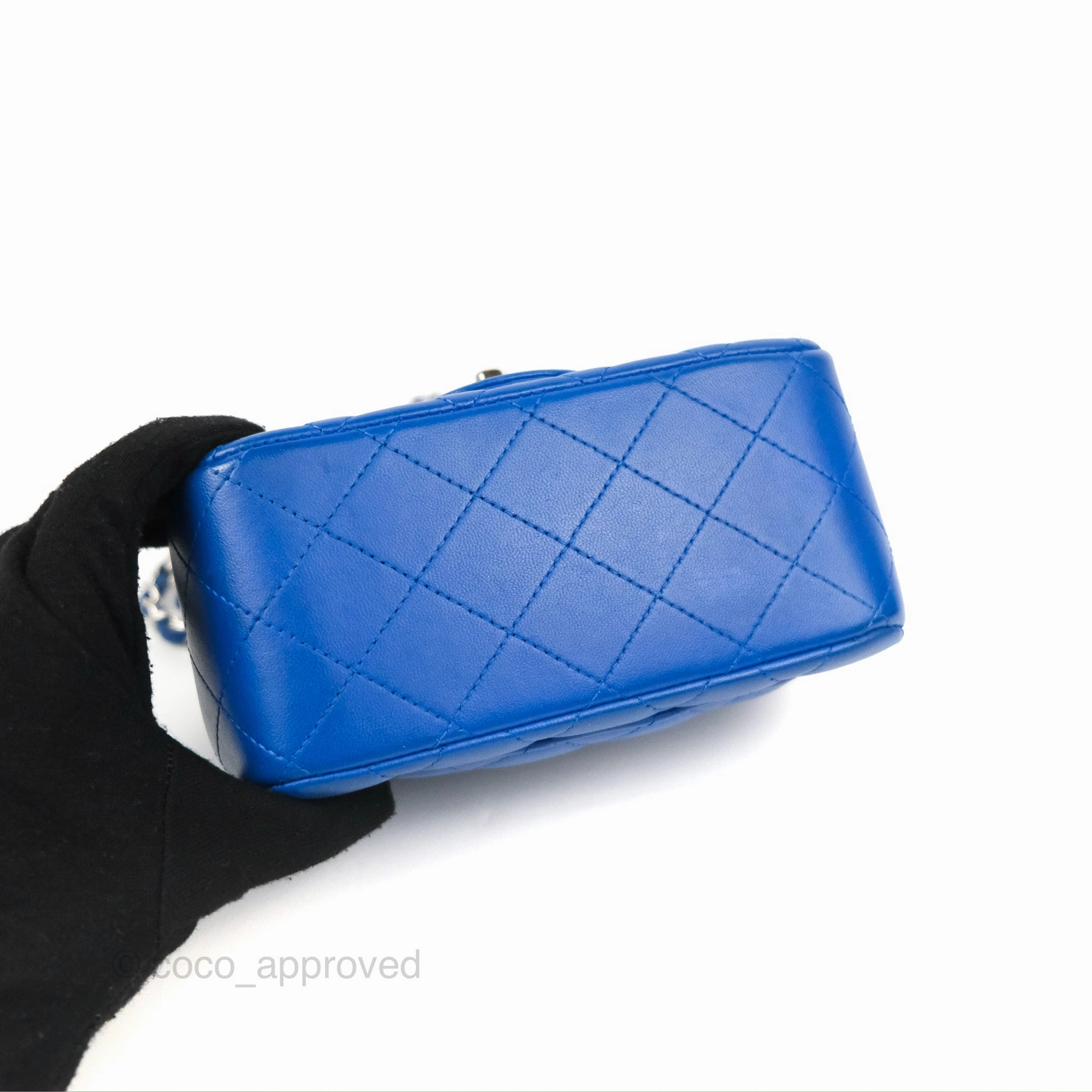 Chanel Quilted Mini Square Blue Lambskin Silver Hardware